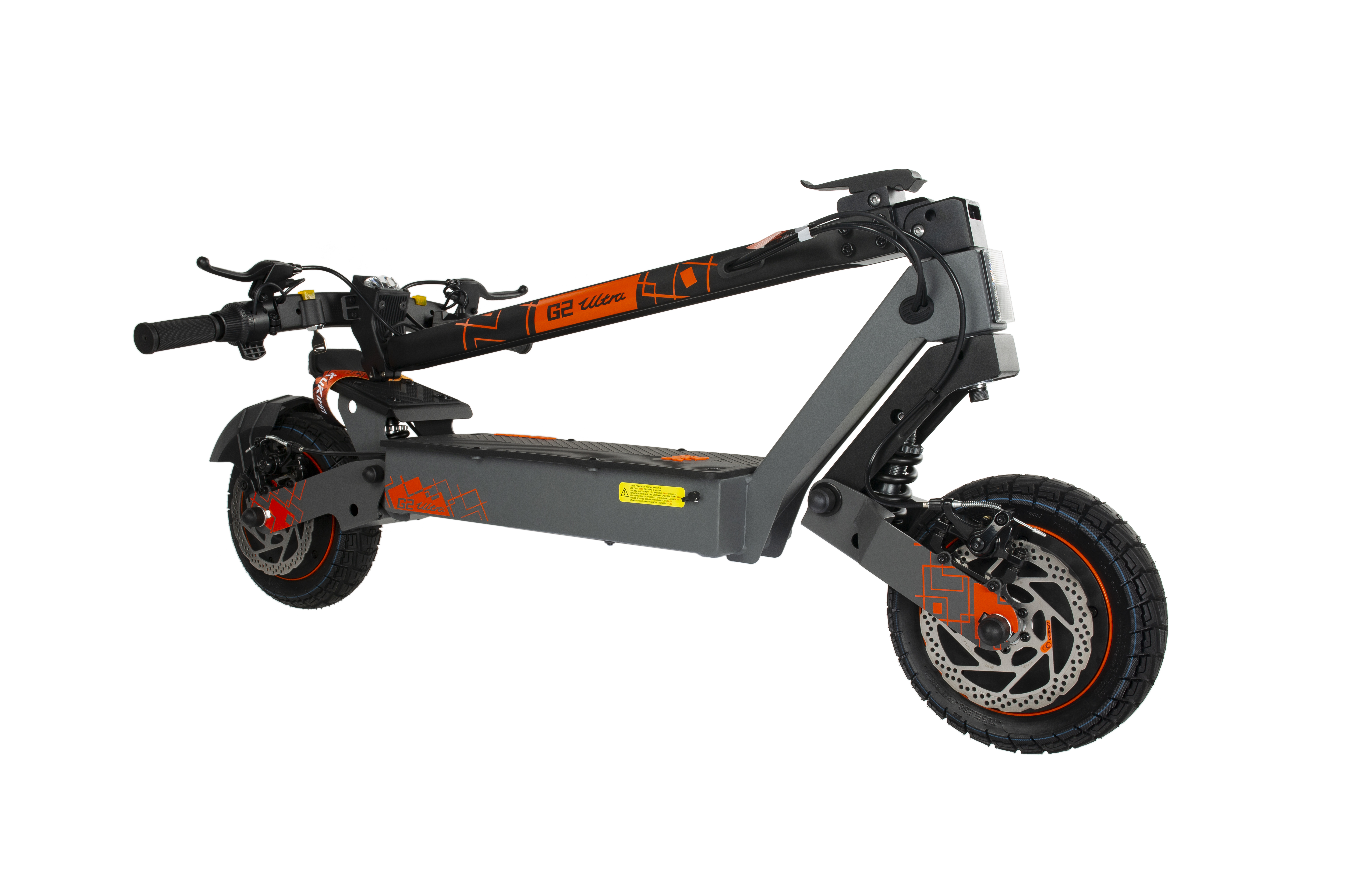 Ein grauer Elektroroller mit orangen Akzenten und dem Schriftzug "G2 Ultra".