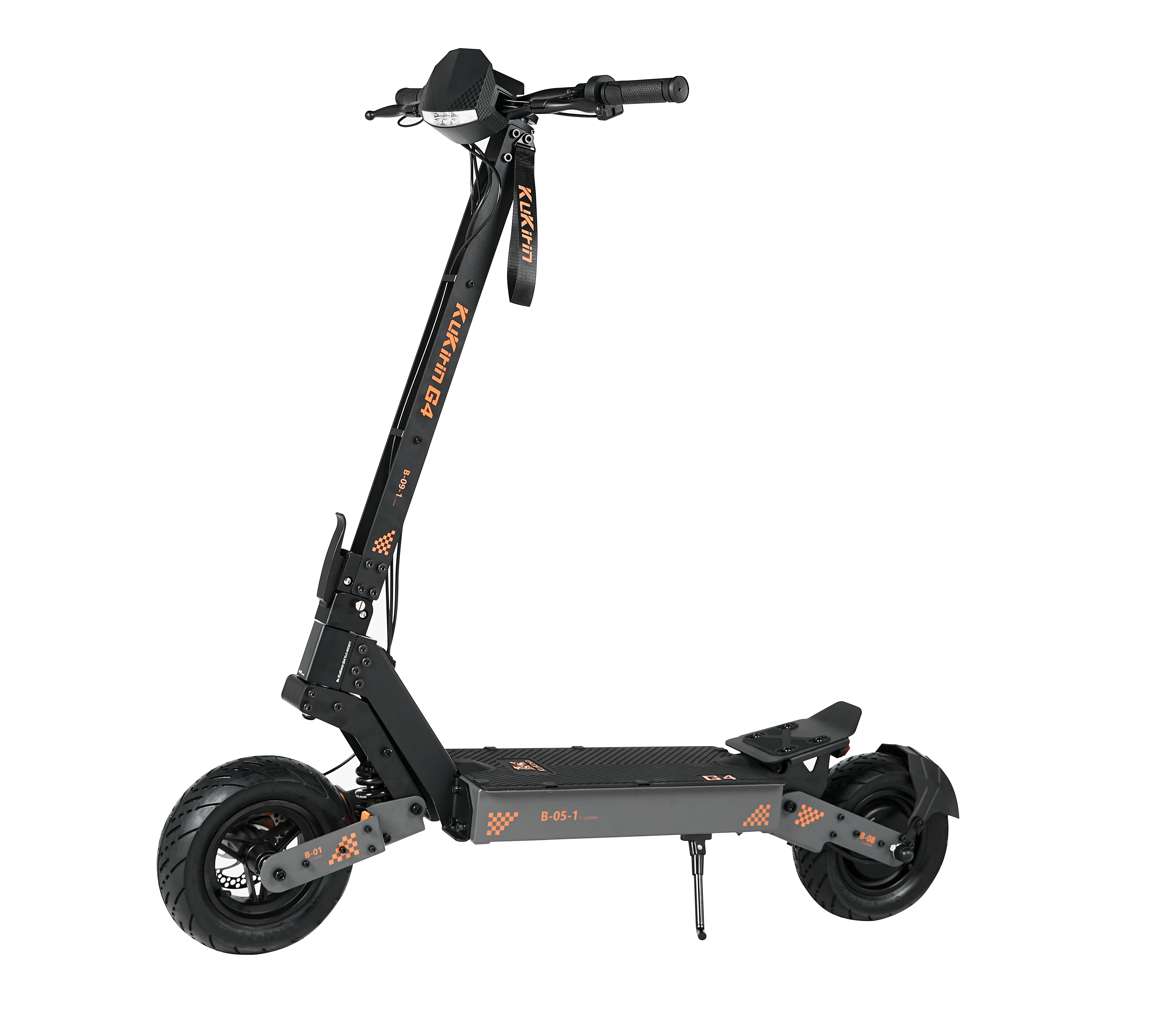 Uno scooter elettrico nero con accenti arancioni, modello KuKirin G4.