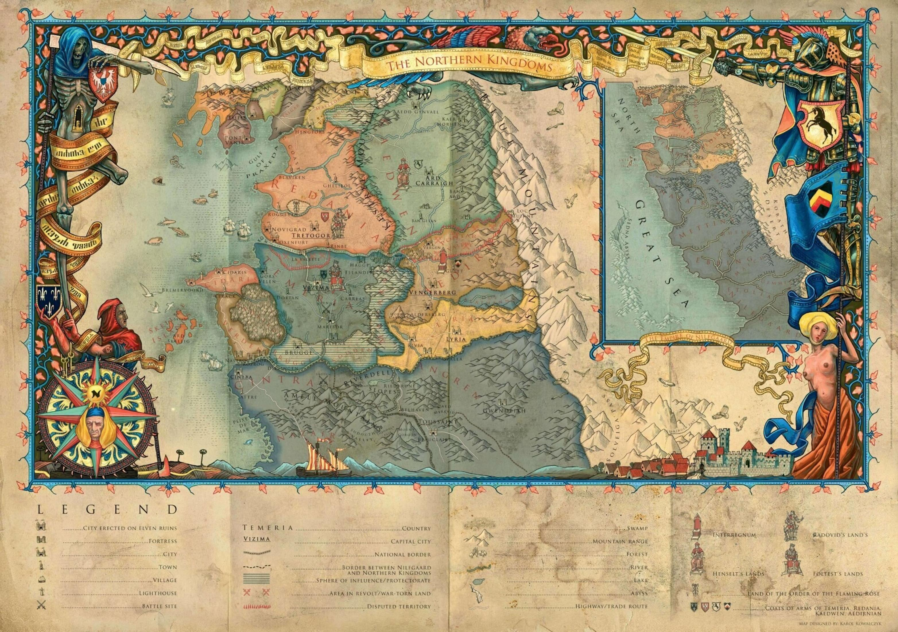 Mapa Krain Północnych szczegółowo opisująca regiony, miasta i symbole.
