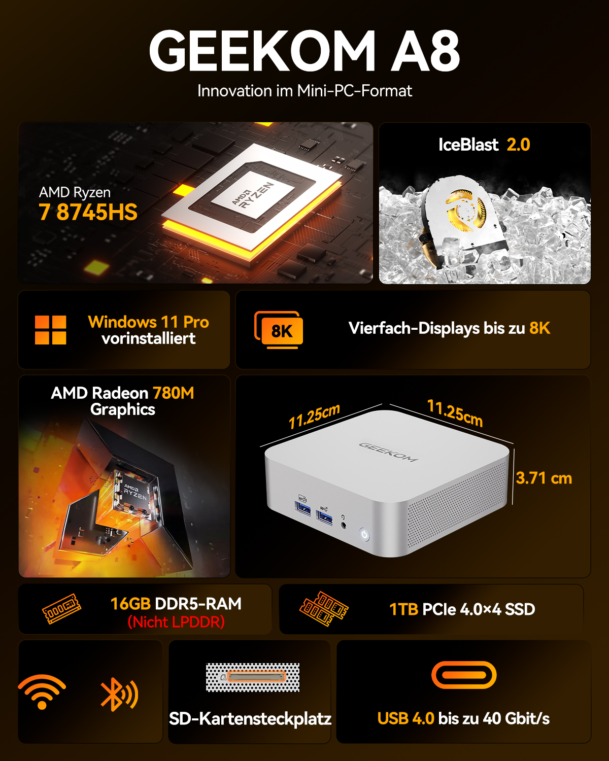 GEEKOM A8 Mini-PC: Ryzen 7, 8K, 16GB RAM, 1TB SSD, USB 4.0.
