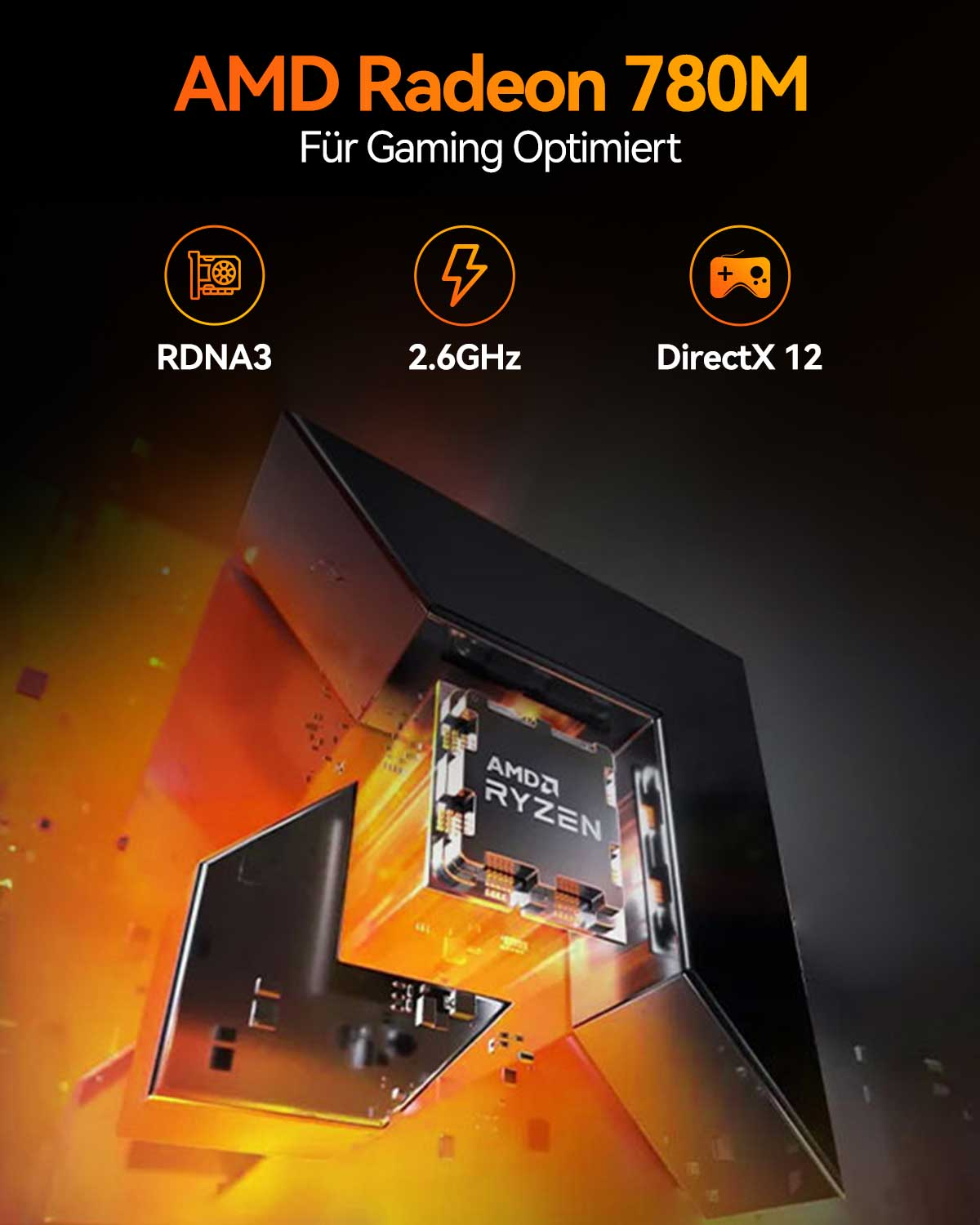AMD Radeon 780M Chip mit RDNA3, 2.6GHz, DirectX 12 für Gaming.