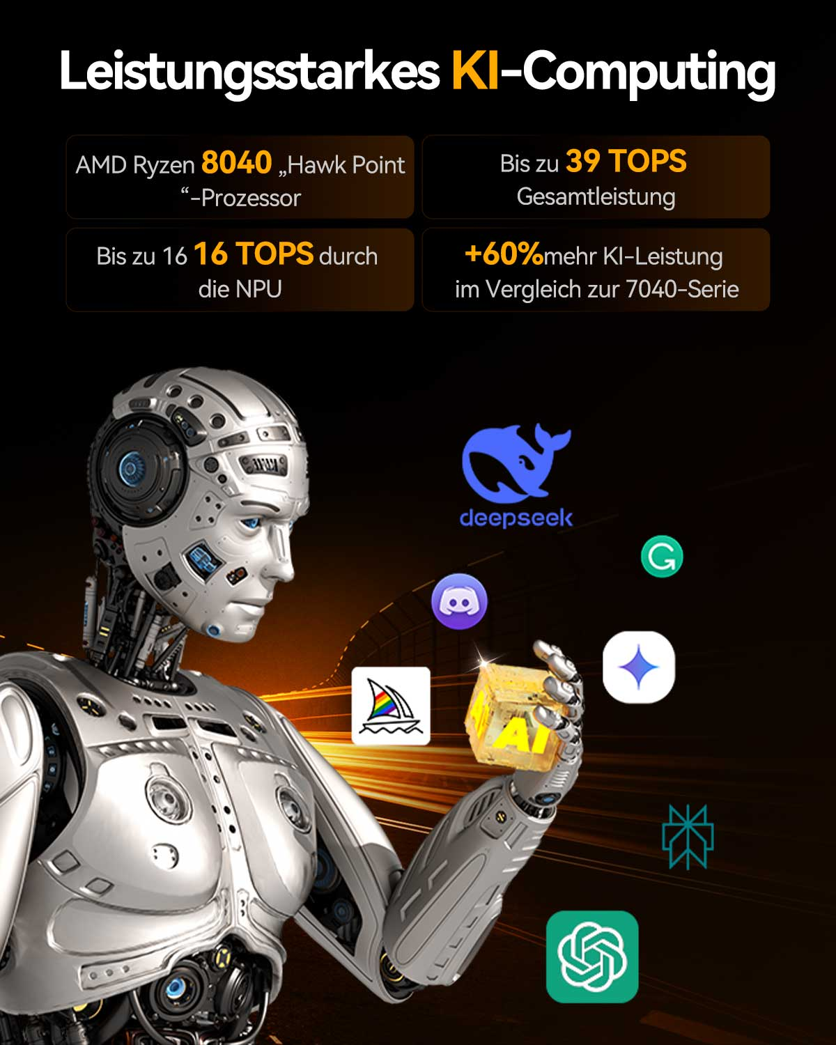 Ein humanoider Roboter hält einen leuchtenden Würfel mit KI-Schriftzug.