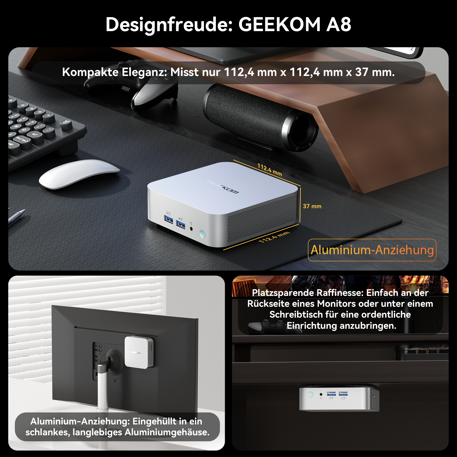 Kompakter GEEKOM A8 PC mit Aluminiumgehäuse, Maus, Tastatur und Lautsprecher.
