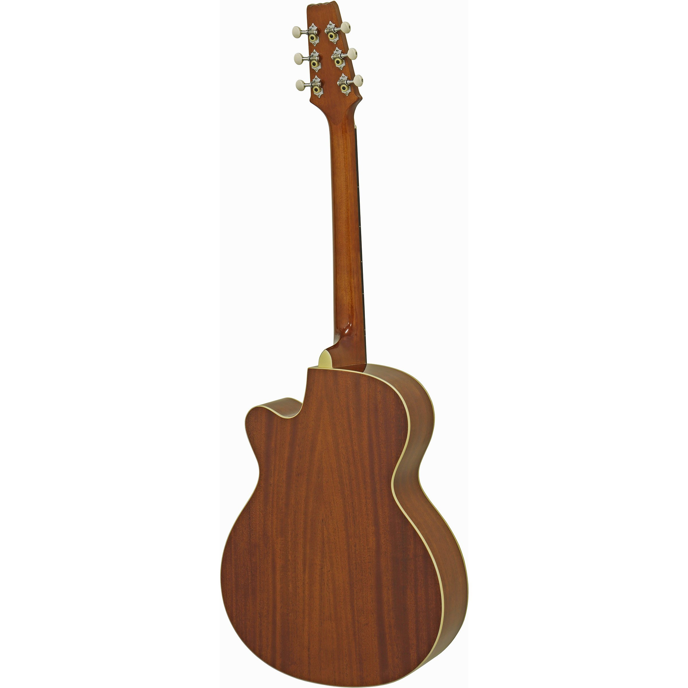 Açık kahverengi kenarlıklı kahverengi akustik gitar gövdesi.