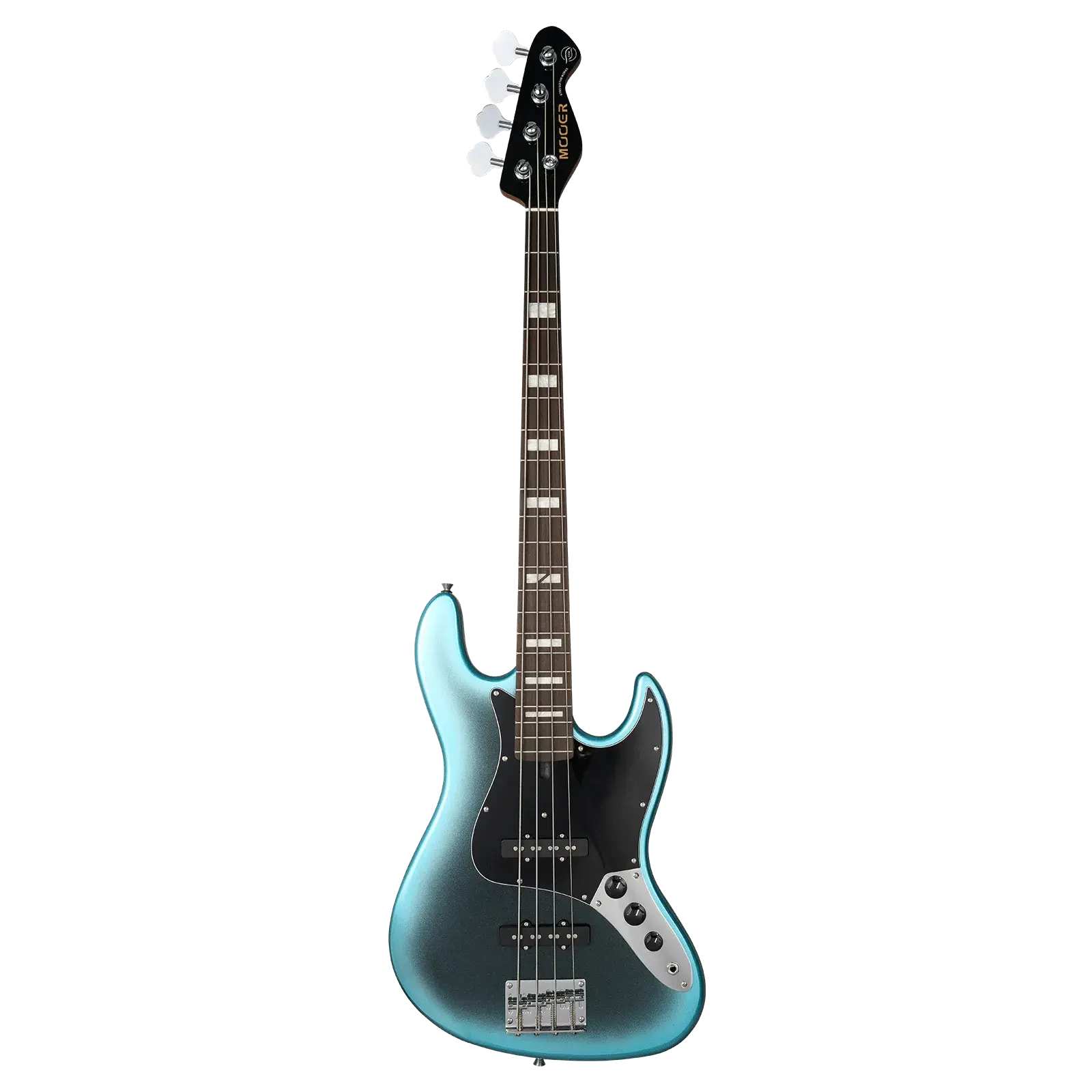 Siyah pickguard ve gümüş donanıma sahip mavi elektro bas gitar, siyah arka plan üzerinde.
