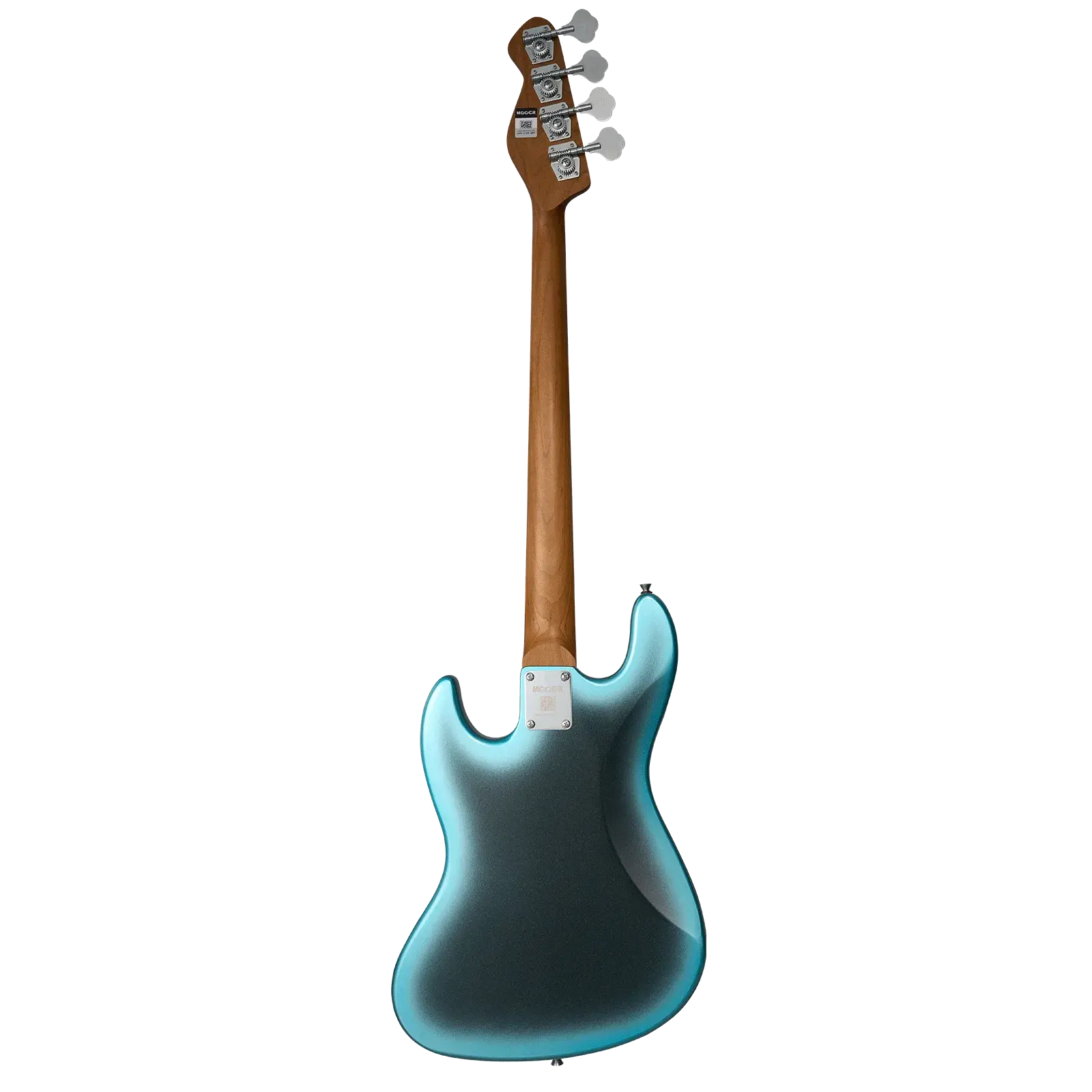 Kahverengi saplı ve gümüş burgulu mavi elektro gitarın arka görünümü.
