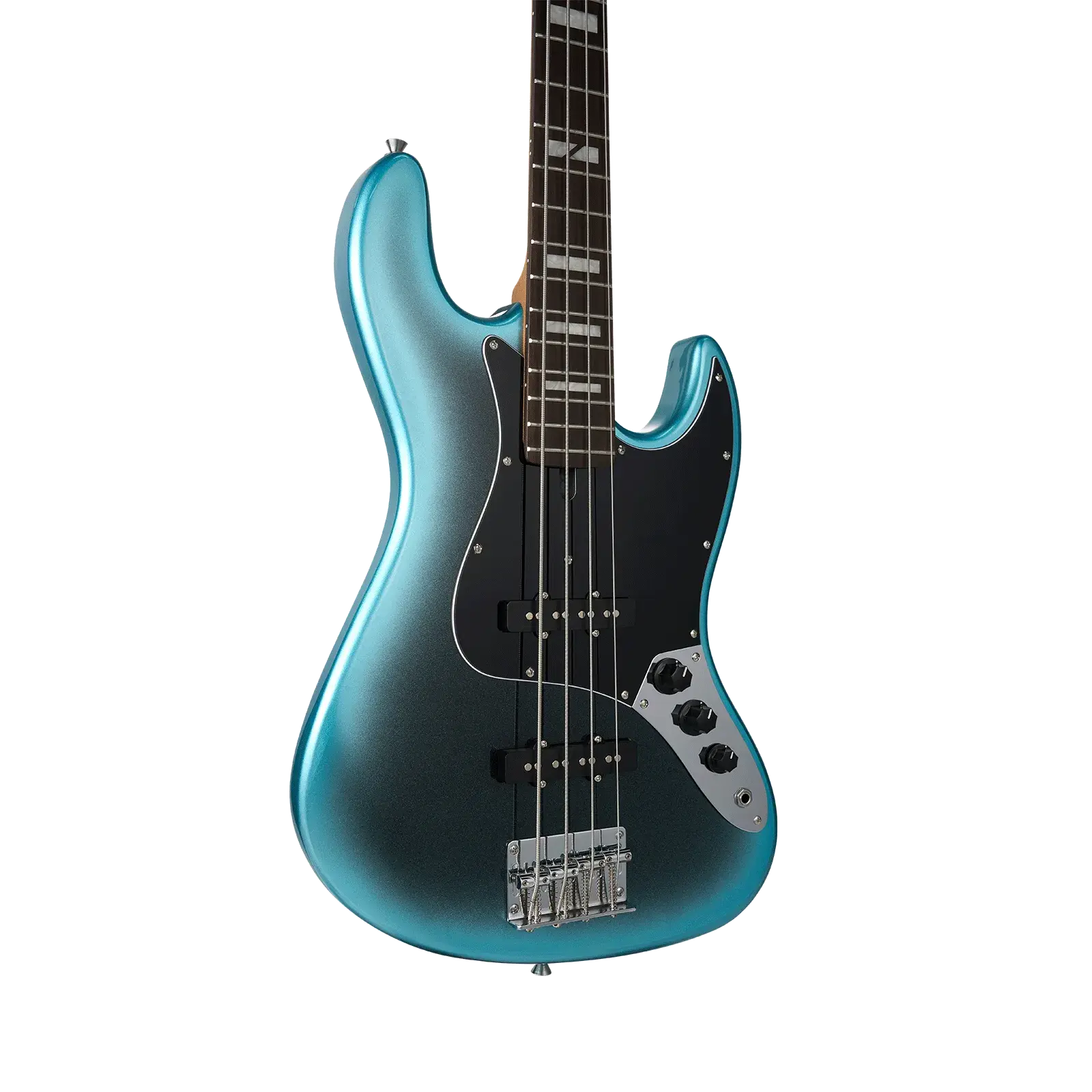 Siyah manyetiklere ve siyah pena koruyucuya sahip turkuaz renkli elektro bas gitar.