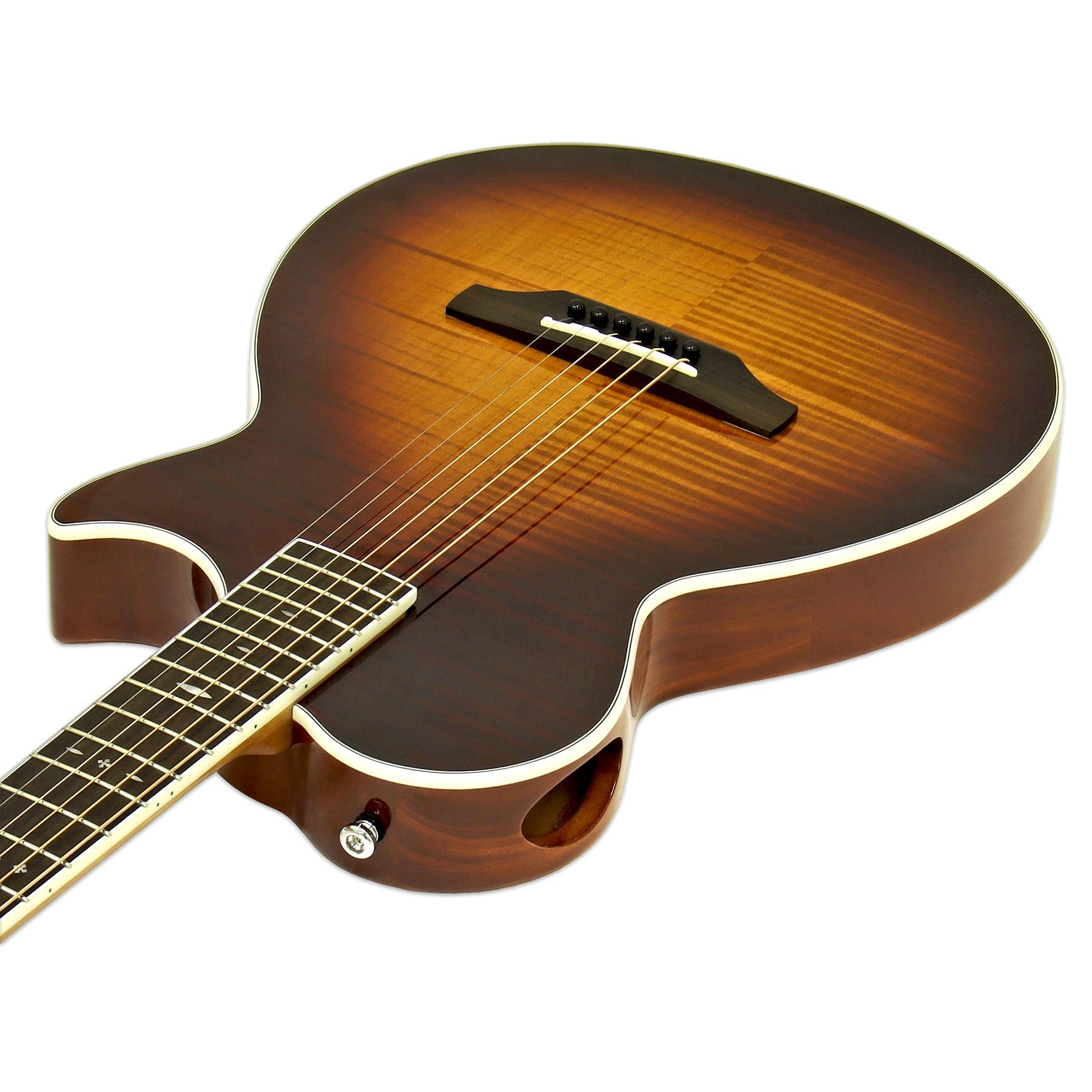Güneş patlaması efektli kahverengi akustik
gitar, beyaz arka plan üzerinde.