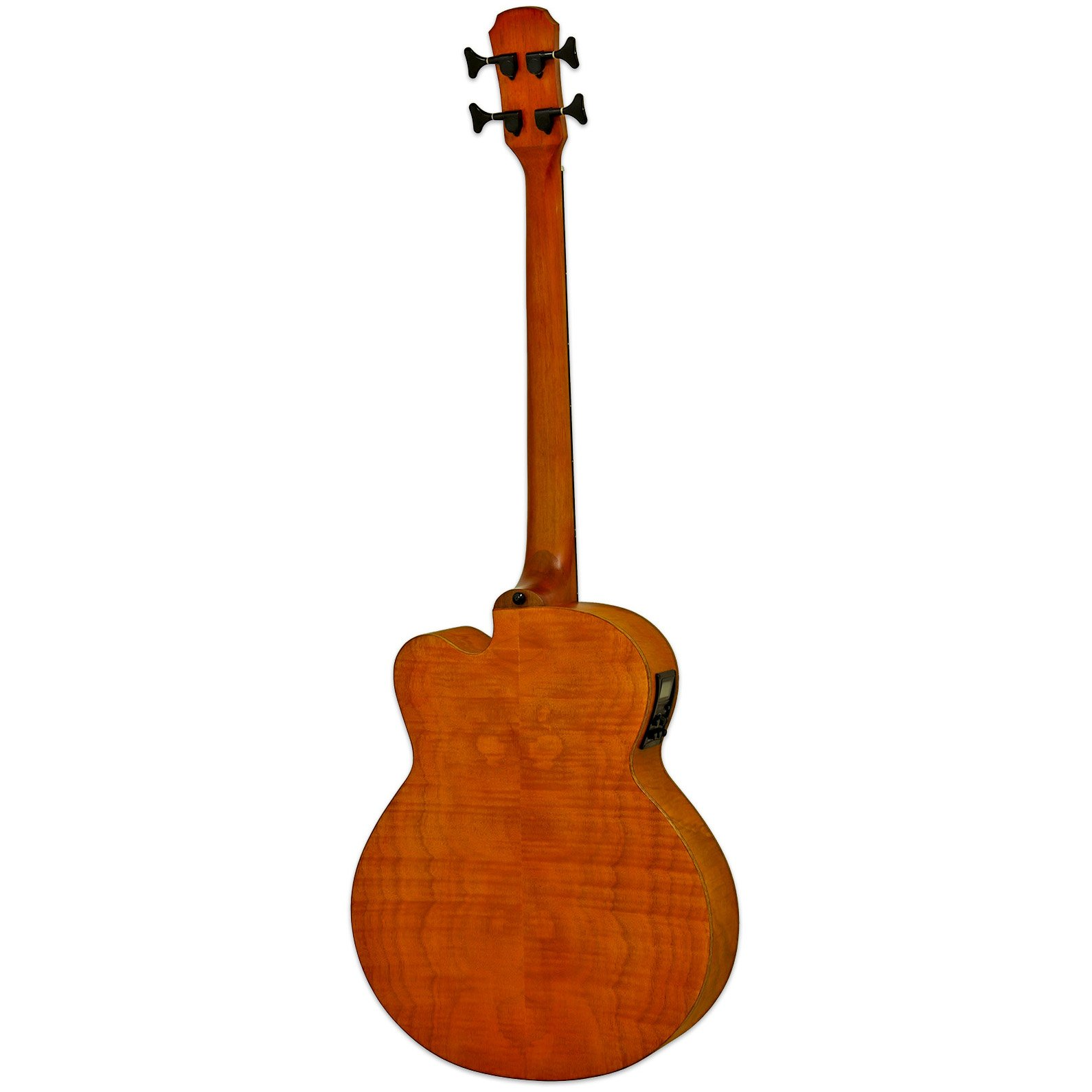 Dört siyah akort burgulu kahverengi akustik gitarın arka görünümü.