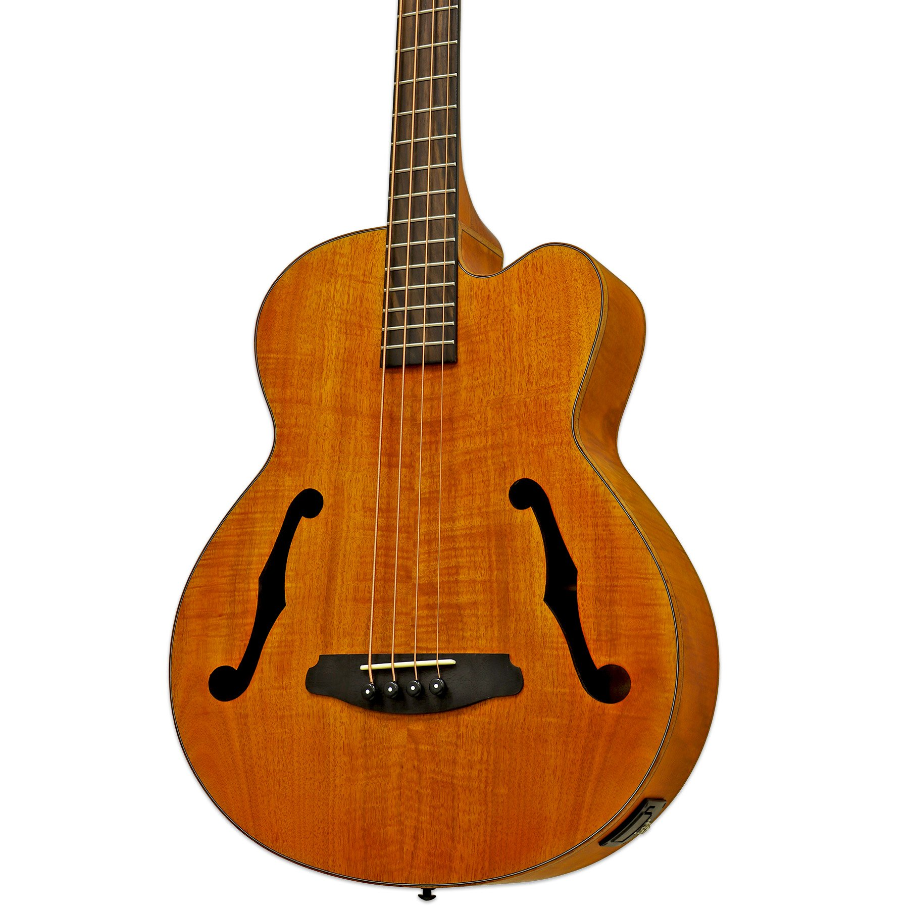 F delikli, telli kahverengi akustik bas gitar.