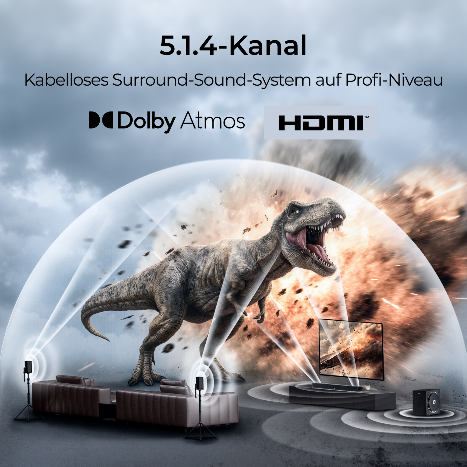 Ein T-Rex brüllt vor einem explosionsartigen Hintergrund, flankiert von Sofas und Lautsprechern.