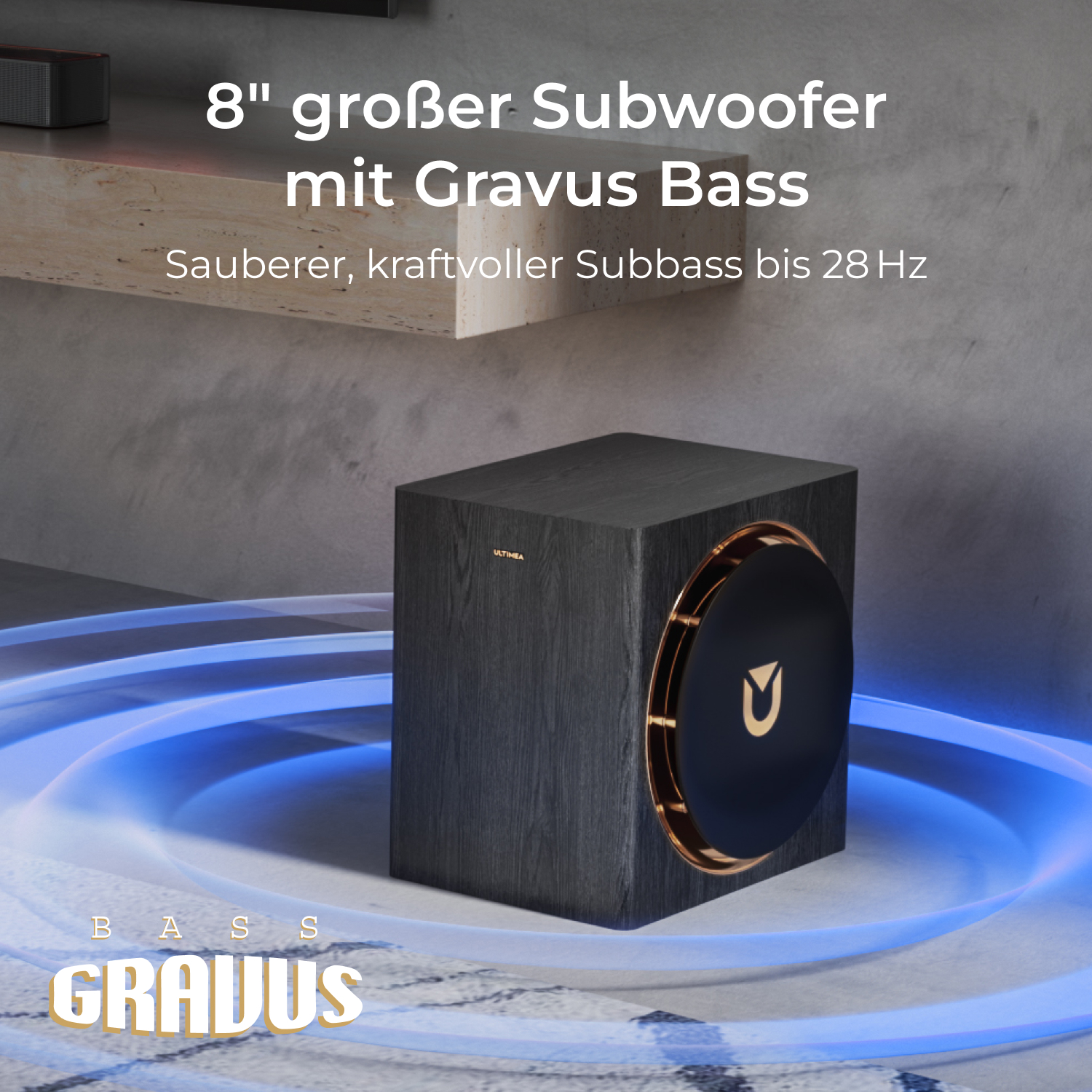 Ein schwarzer 8" Subwoofer mit Gravus Bass und blauen Lichteffekten.