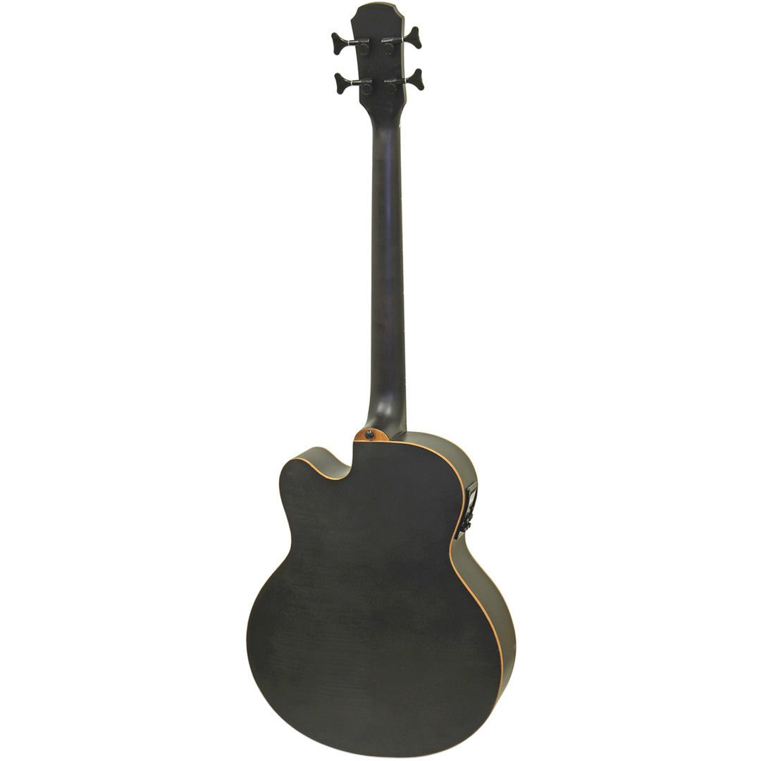 Arkadan görünüşlü, siyah, boş gövdeli bas gitar, beyaz arka plan üzerinde.