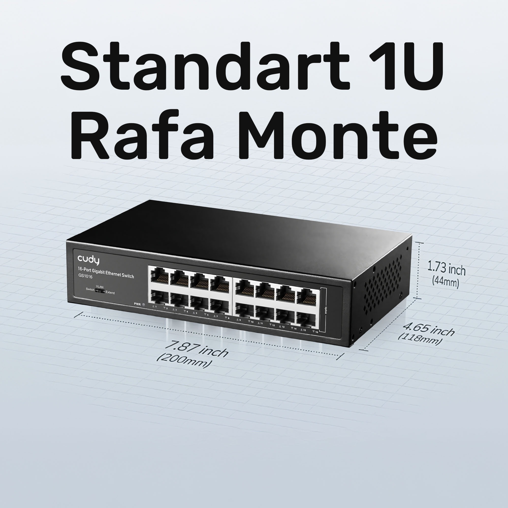 Un switch Ethernet Gigabit Cudy noir 16 ports, dimensions 200x118x44mm.