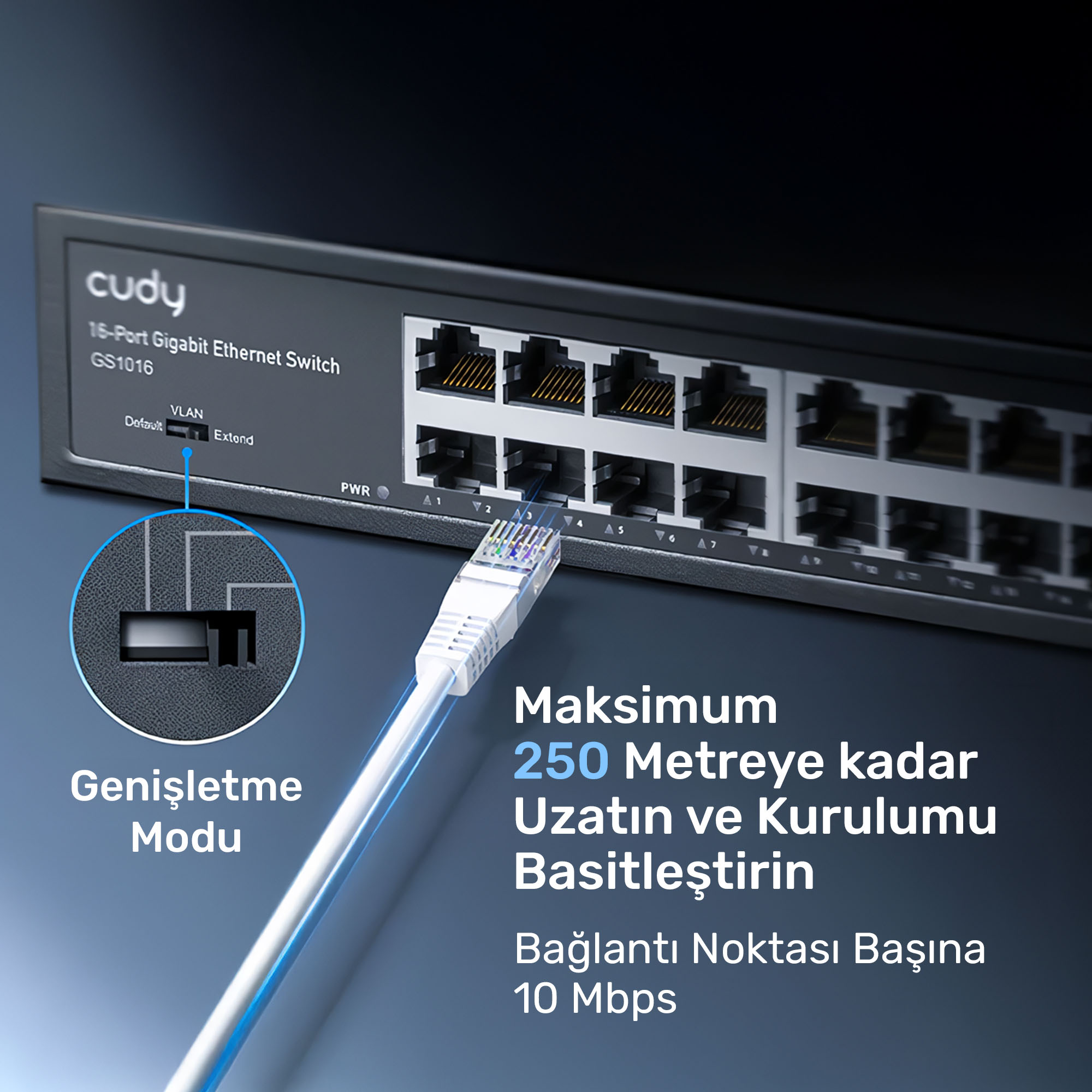 Switch Ethernet Gigabit Cudy 16 ports avec câble LAN et indicateur Mode Étendu.