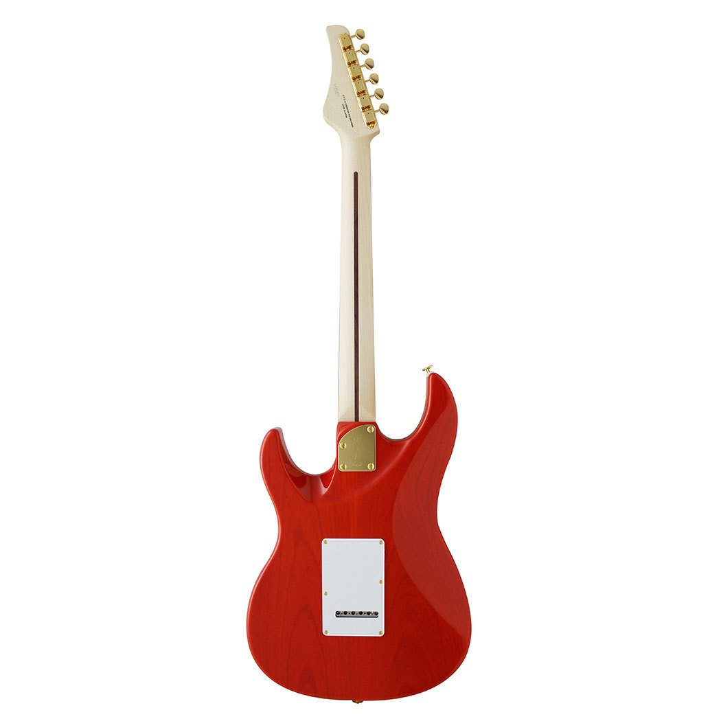 Kırmızı elektro gitar arkadan görünüyor, altın akort burguları ve beyaz kapaklı.