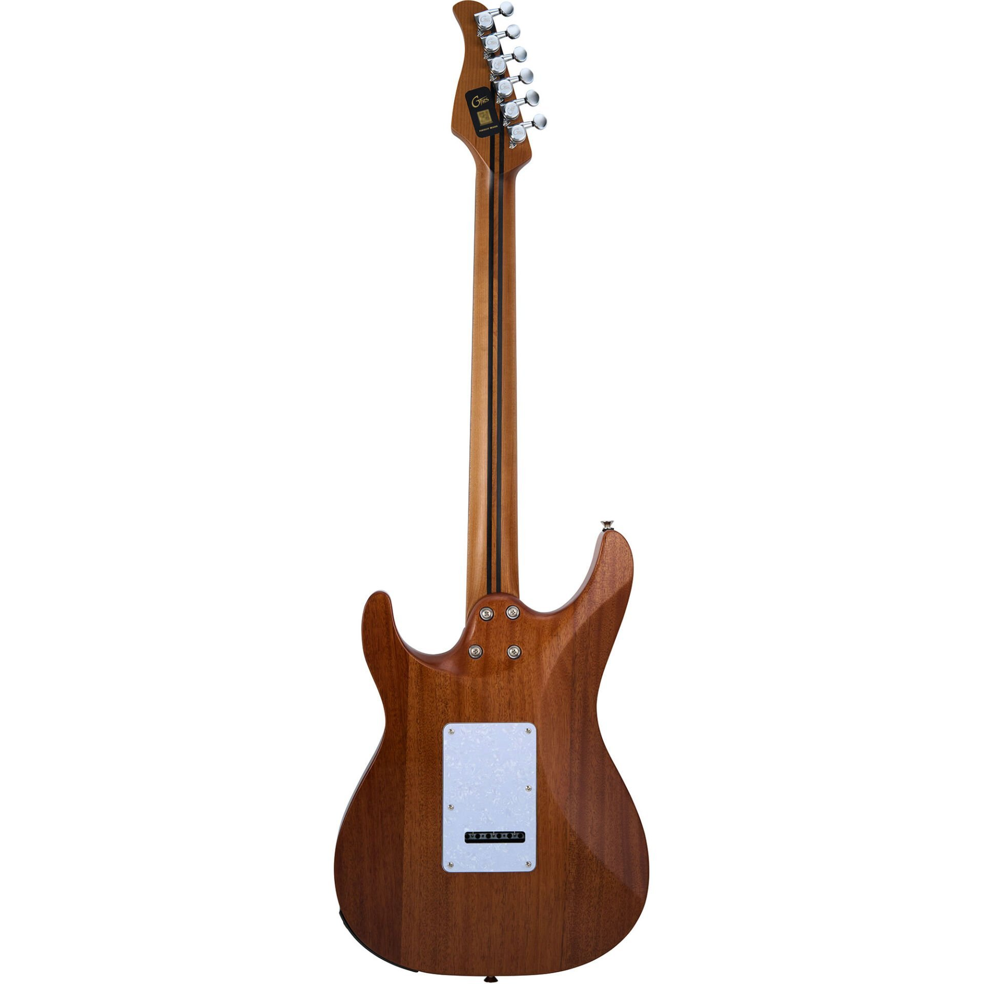 Gümüş burgulu kahverengi elektro gitarın arka görünümü, beyaz manyetik kapaklı.