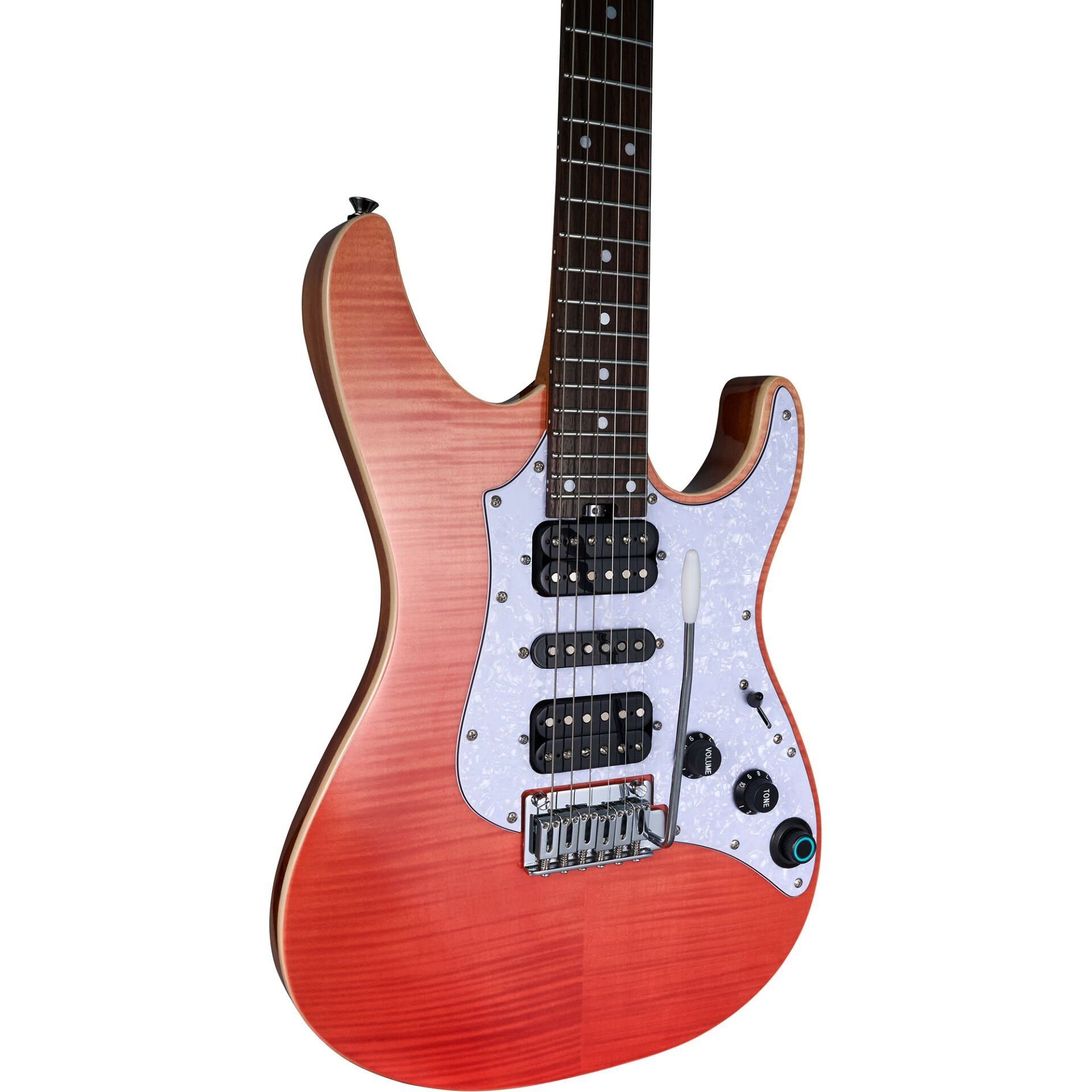 Beyaz pena korumalı ve gümüş donanımlı kırmızı elektro gitar.