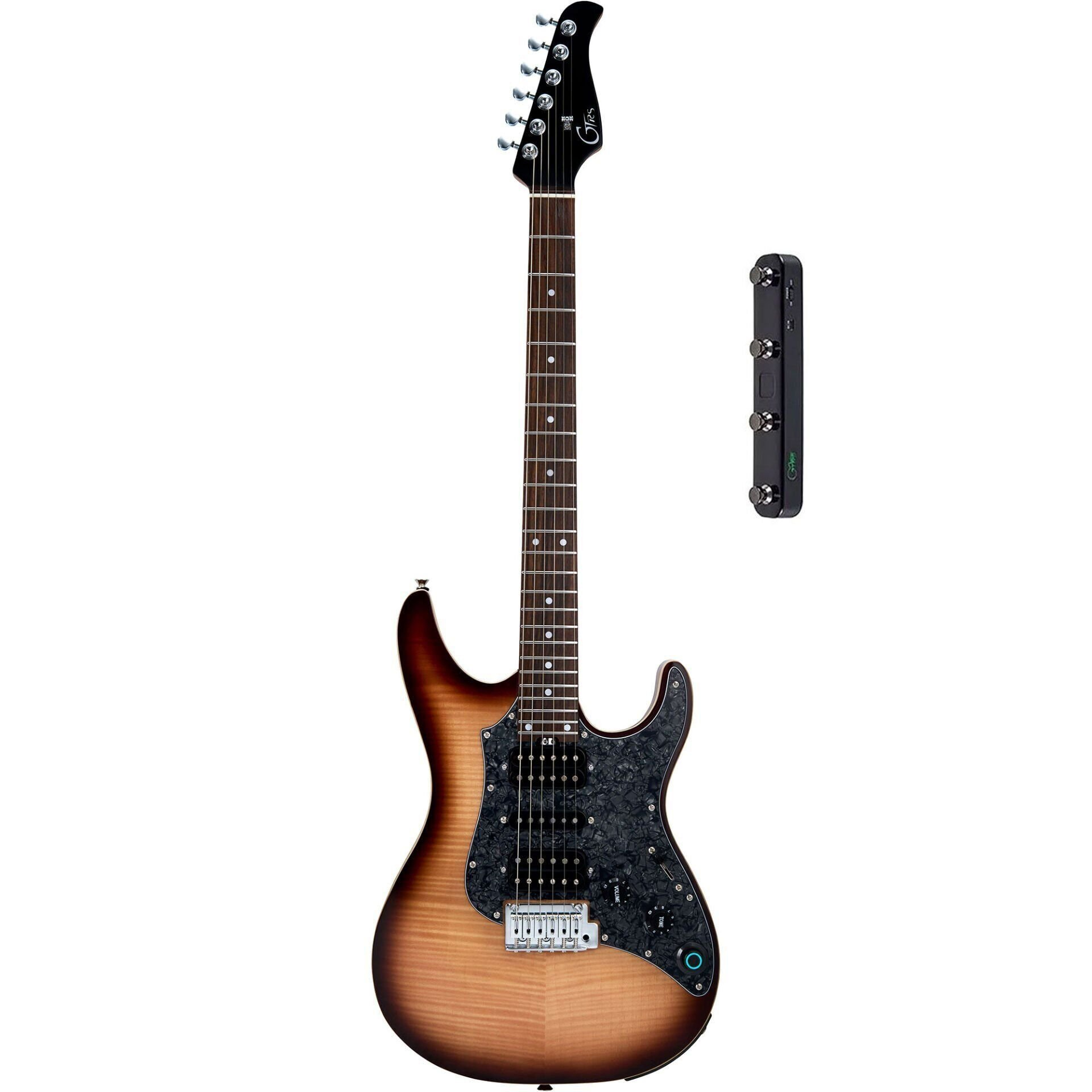 Kahverengi gövdeli ve siyah pena korumalı elektro gitar, yanında siyah efekt pedalı.