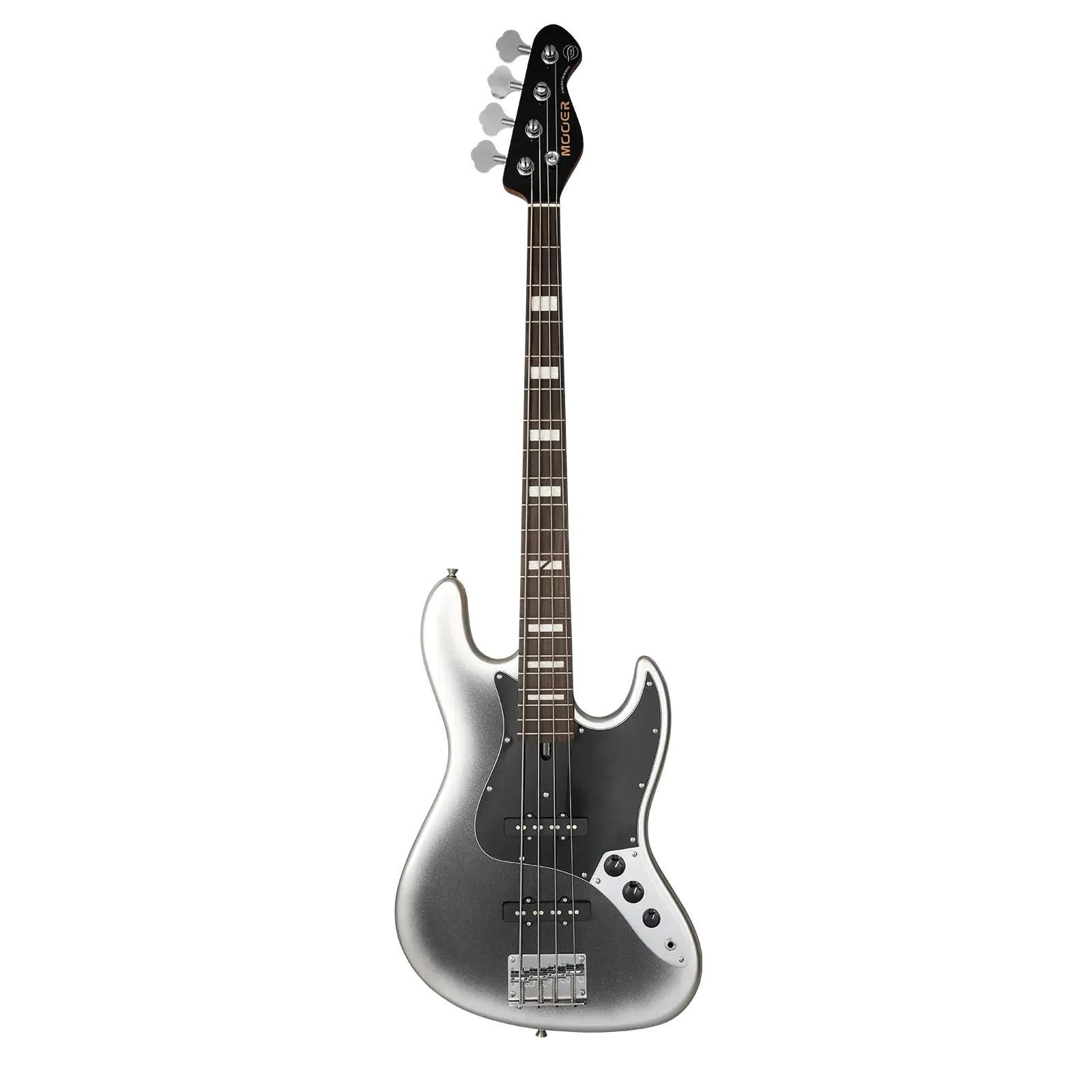 Siyah pena korumalı gümüş renkli, dört telli bas gitar.