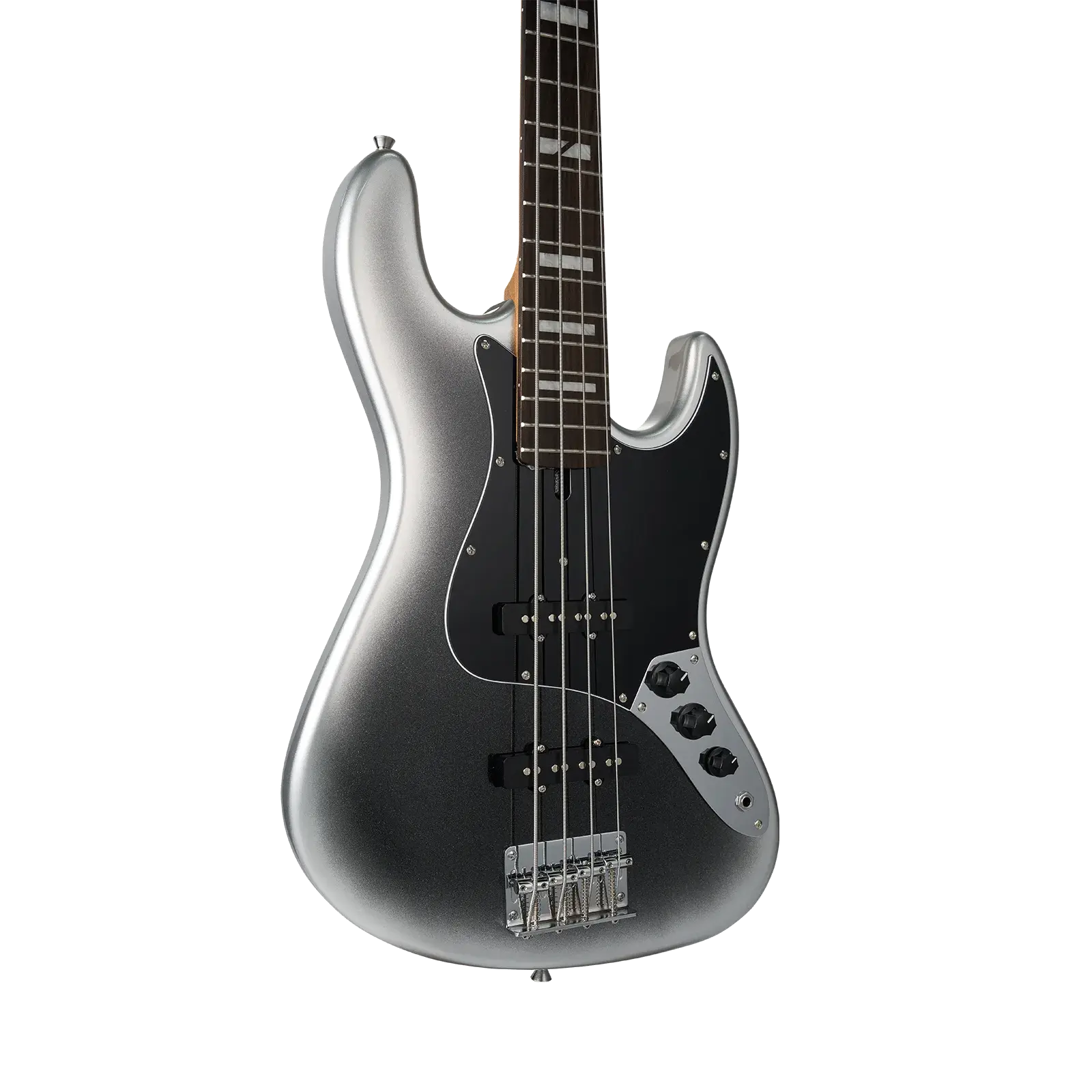 Siyah pena korumalı, dört telli gümüş bas gitar.