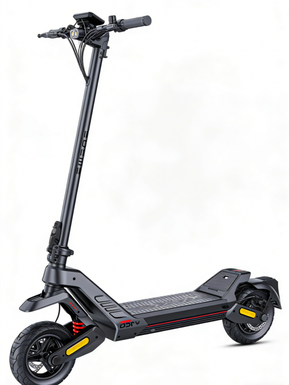 Ein schwarzer Elektroroller mit Federung, Lichtern und Display am Lenker.