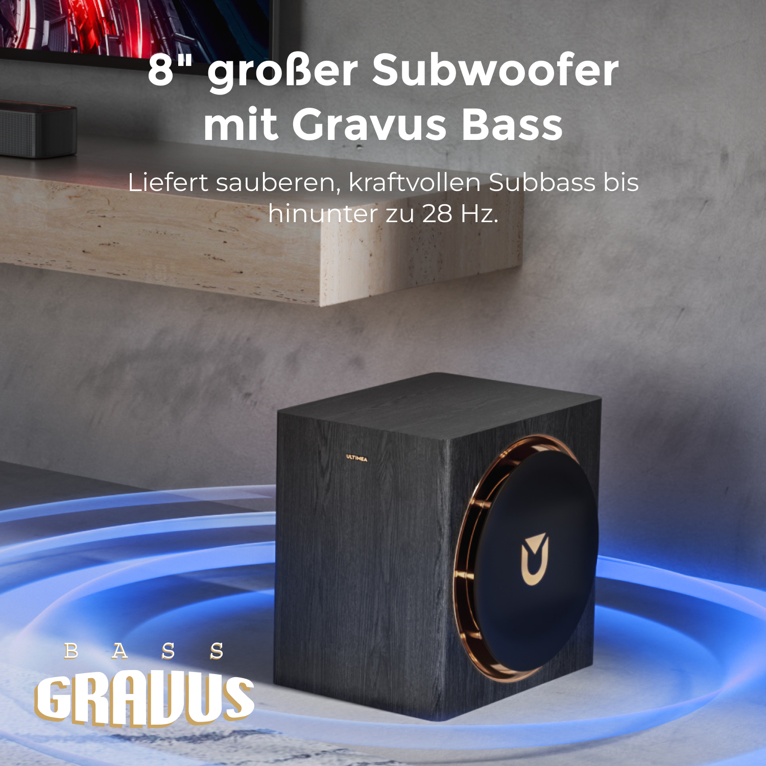 Schwarzer Subwoofer mit Kupferring, Text im Bild.