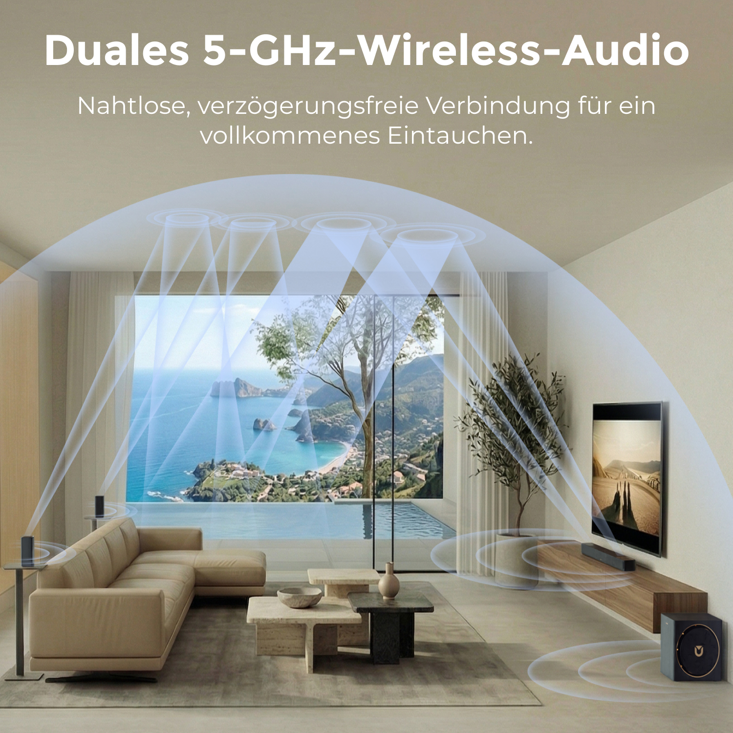 Ein Wohnzimmer mit Sofa, Fernseher und Lautsprechern, die 5-GHz-Audio abstrahlen.