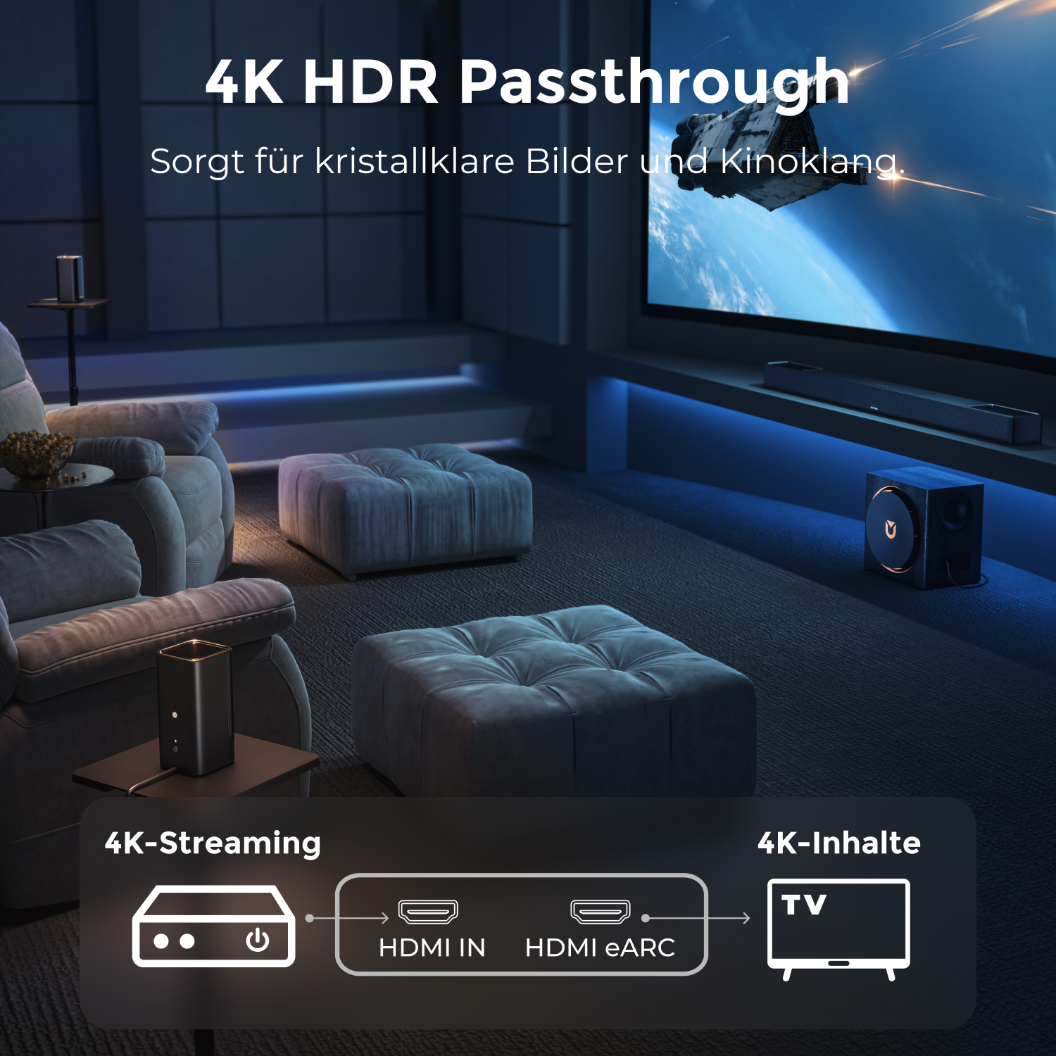 Heimkino mit 4K HDR. Streaming-Box via HDMI IN/eARC an TV.