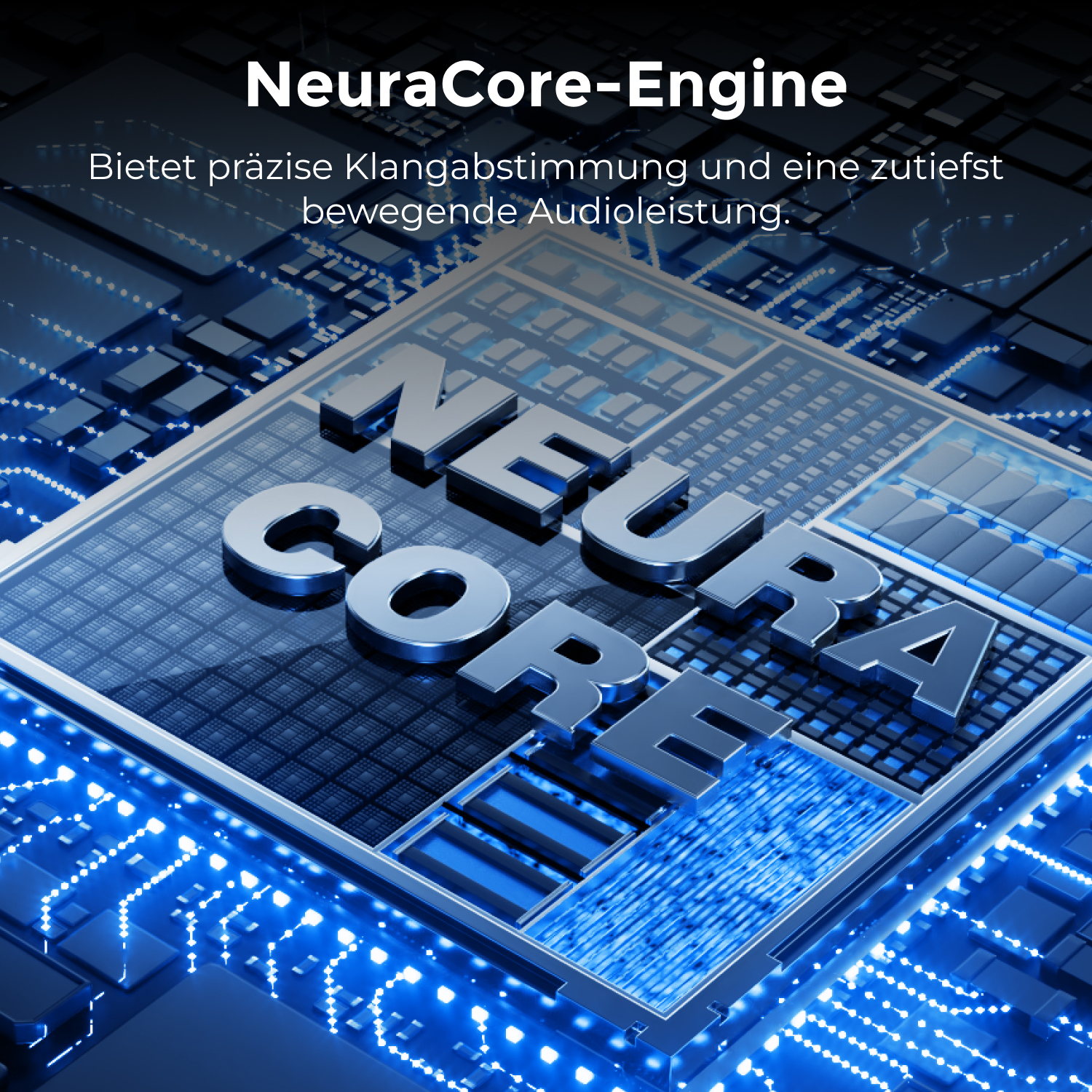 Nahaufnahme eines futuristischen Computerchips mit Text 'NeuraCore' und leuchtenden blauen Schaltkreisen.