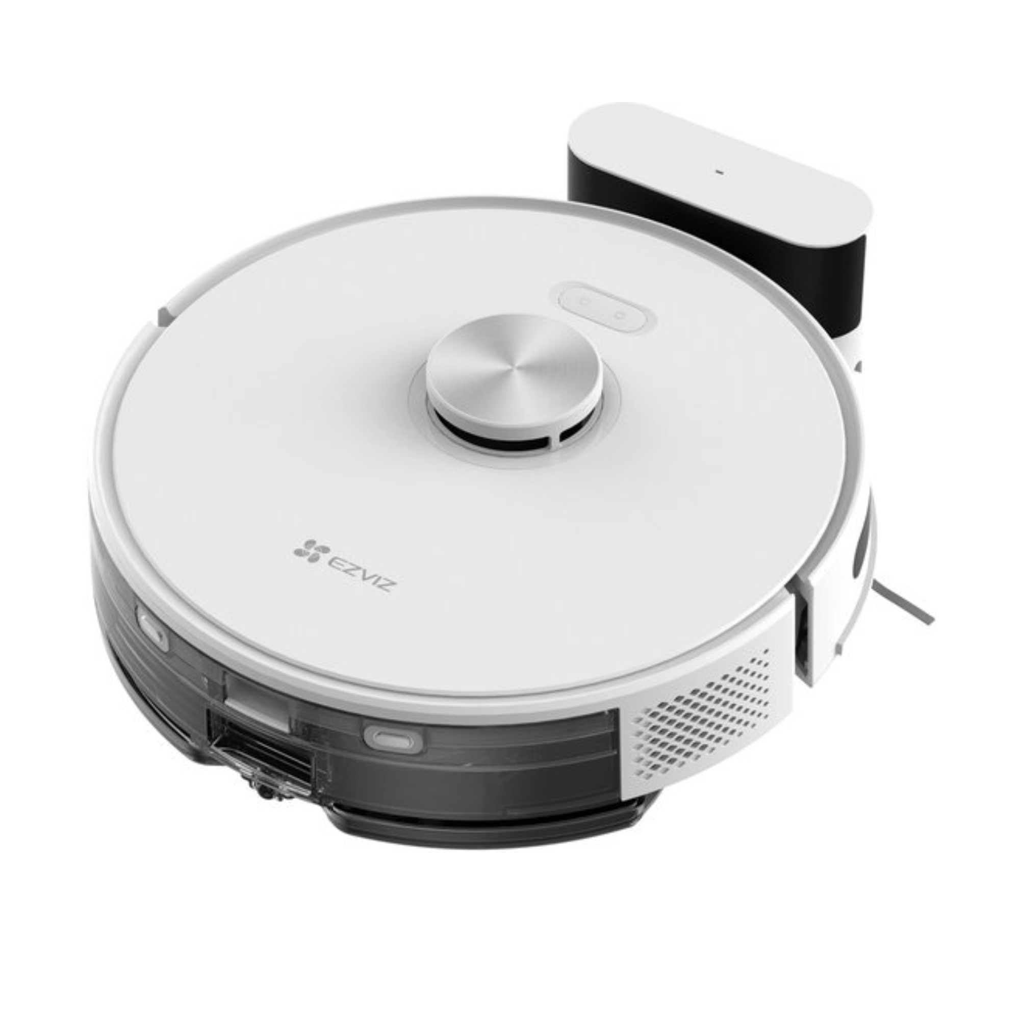 Een witte robotstofzuiger met zilveren knop en laadstation op witte achtergrond.