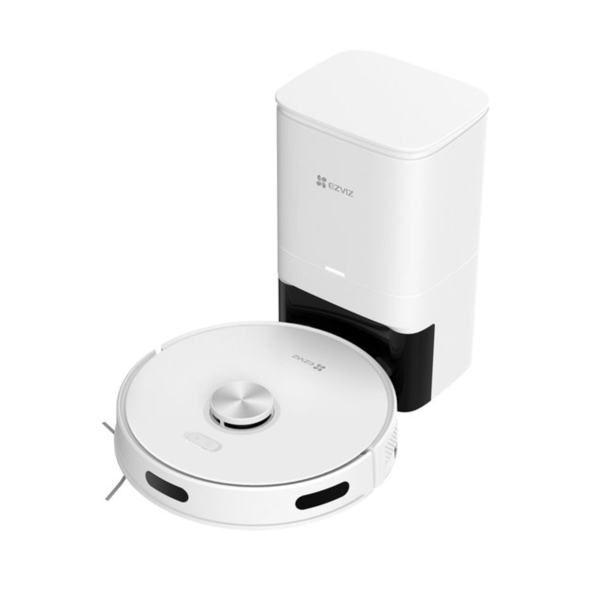 Een witte robotstofzuiger staat naast een wit oplaadstation met zwarte basis.