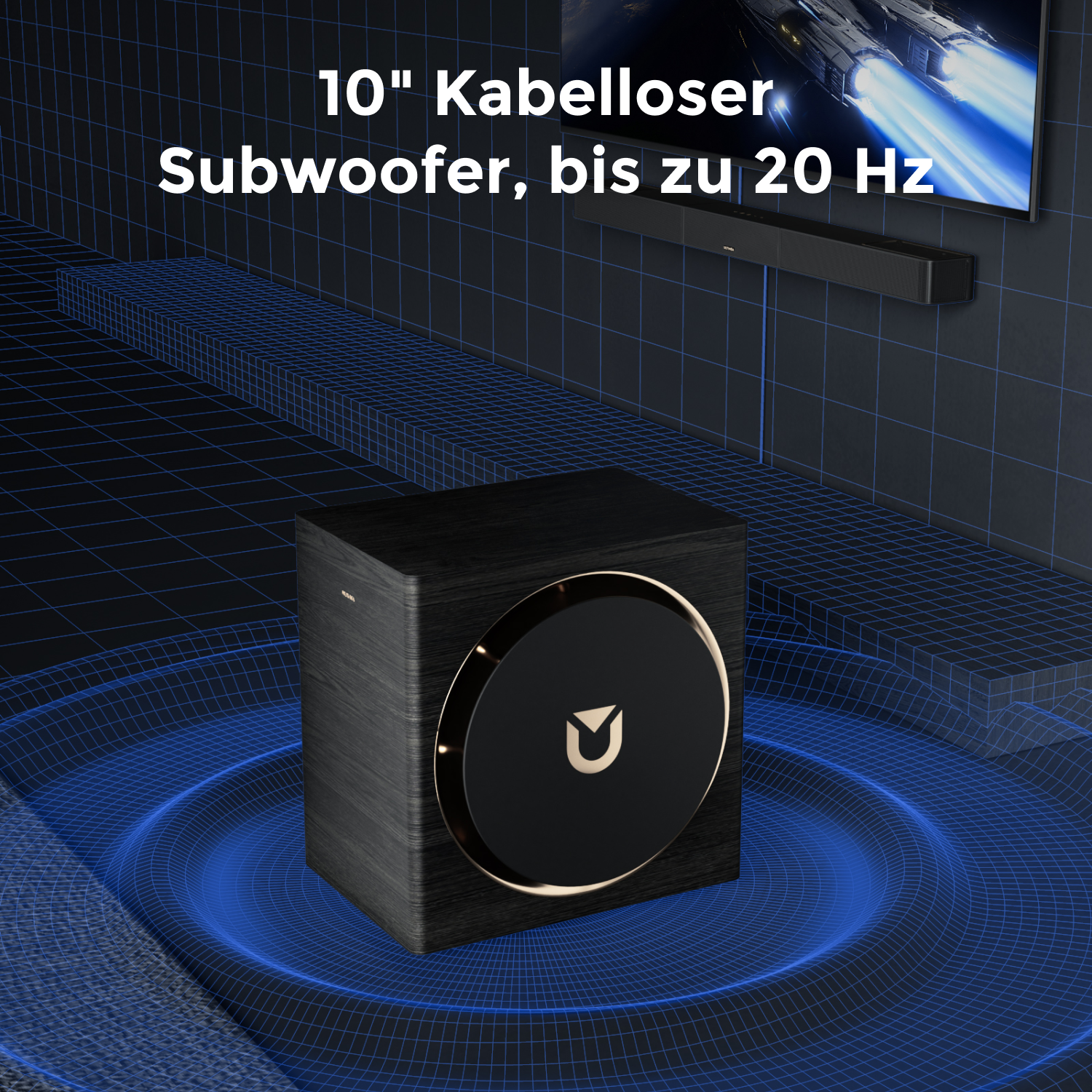 Schwarzer Subwoofer mit blauem Gittermuster und Fernseher mit Soundbar im Hintergrund.