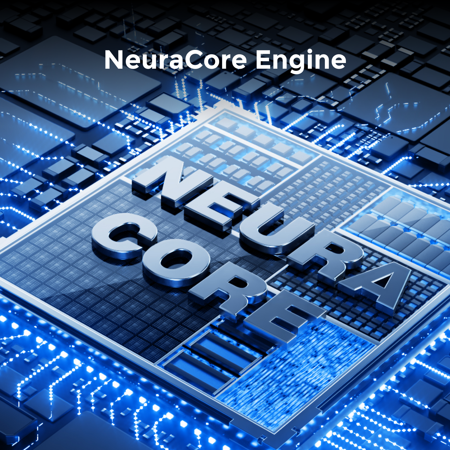 3D-Rendering: NeuraCore Engine auf einer Leiterplatte mit blauen Lichtern.