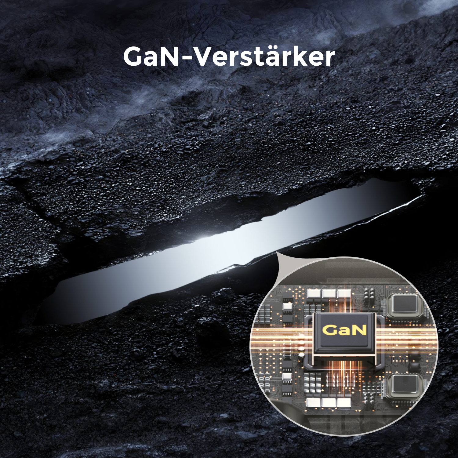 Nahaufnahme einer GaN-Chip-Platine mit dunklem, felsigem Hintergrund und Wasser.
