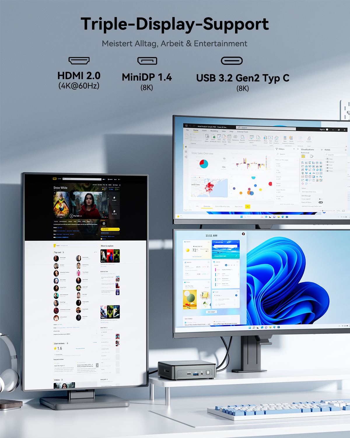 Drei Monitore unterstützt: HDMI, MiniDP, USB-C. Ein Mini-PC und Tastatur.