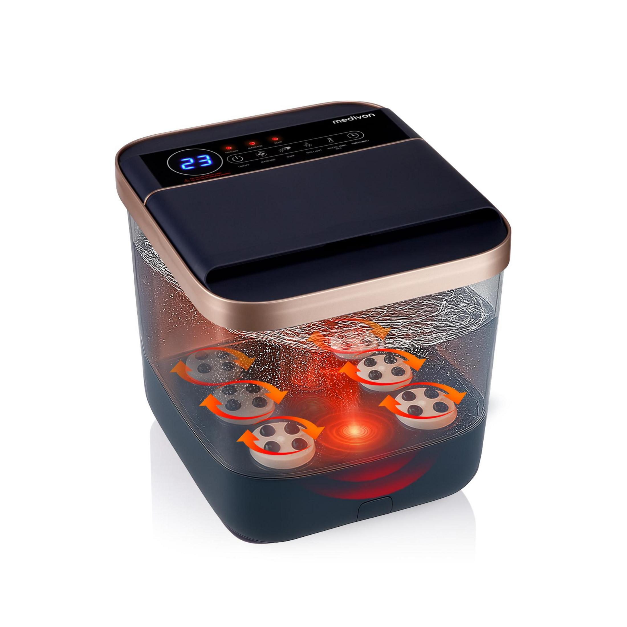 Un pediluvio Medivon con display digitale 23 e funzioni illuminate.