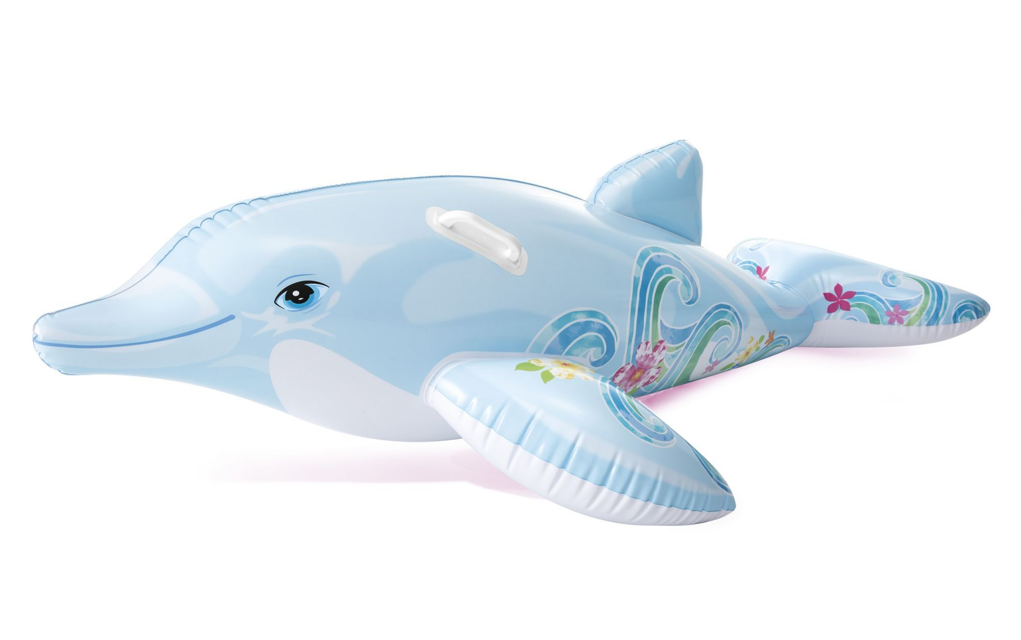 Jasnoniebieski dmuchany delfin ze wzorem kwiatowym i uchwytem.