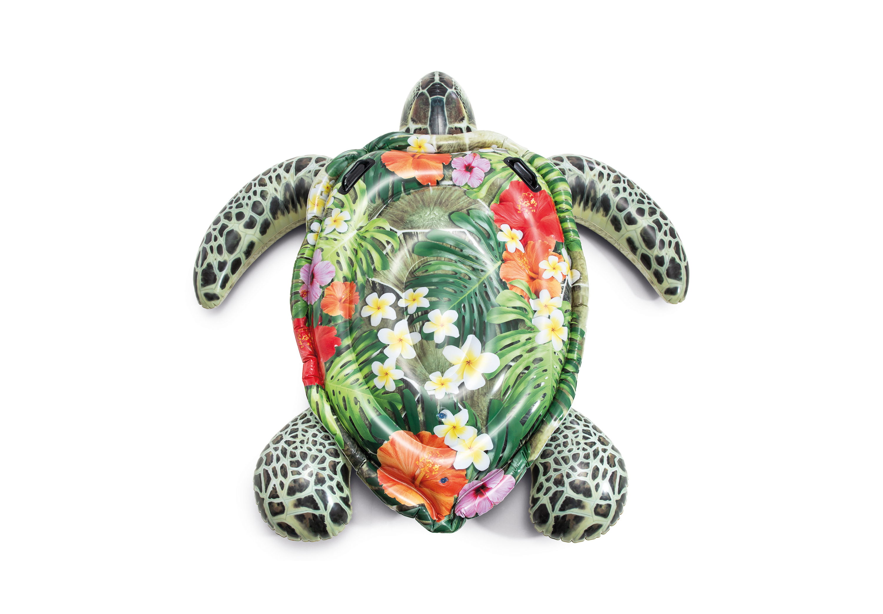 Aufblasbare Schildkröte mit tropischen Blumen und Blättern auf dem Panzer.