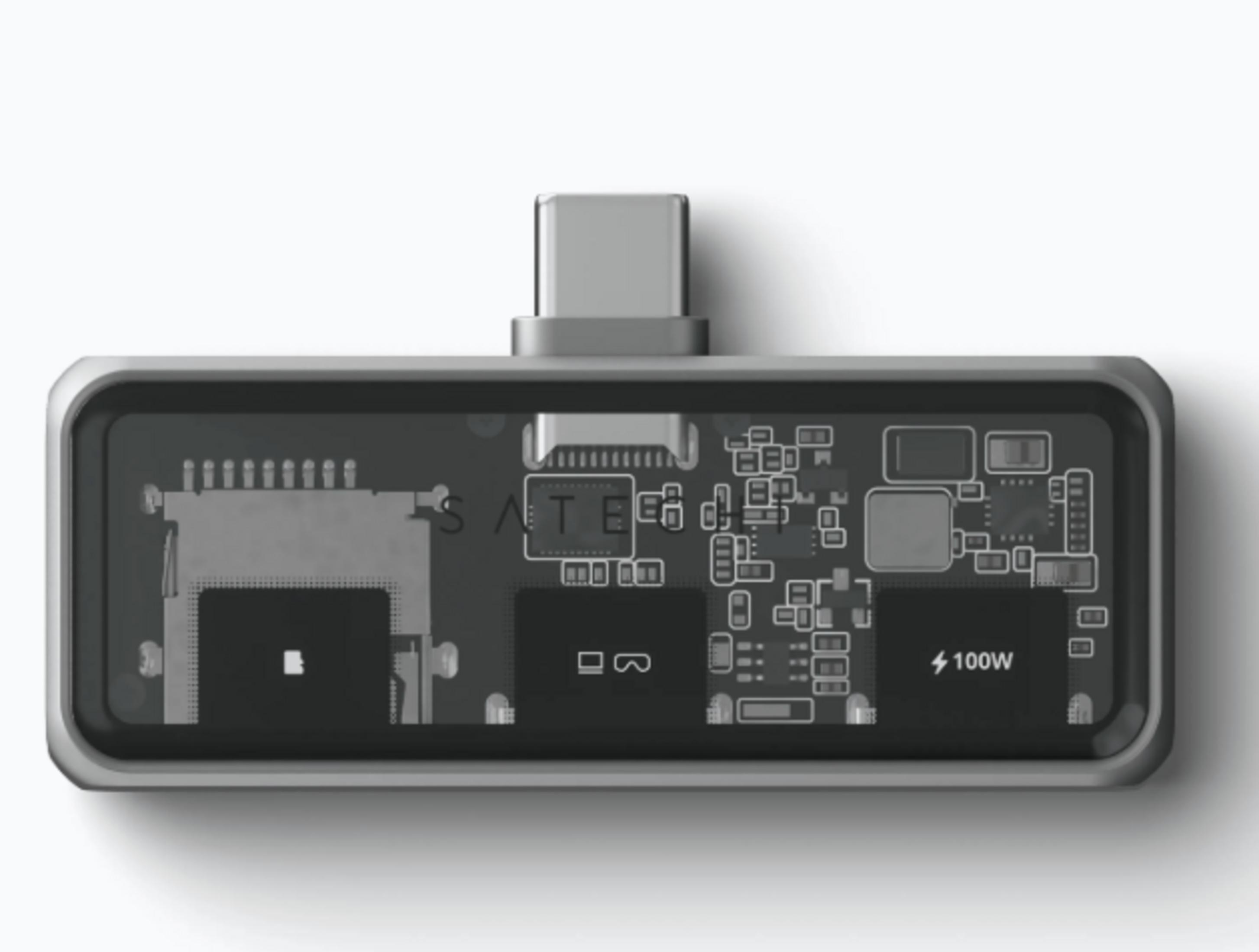 Ein USB-C-Adapter mit sichtbaren Schaltkreisen und einem 100W-Symbol.