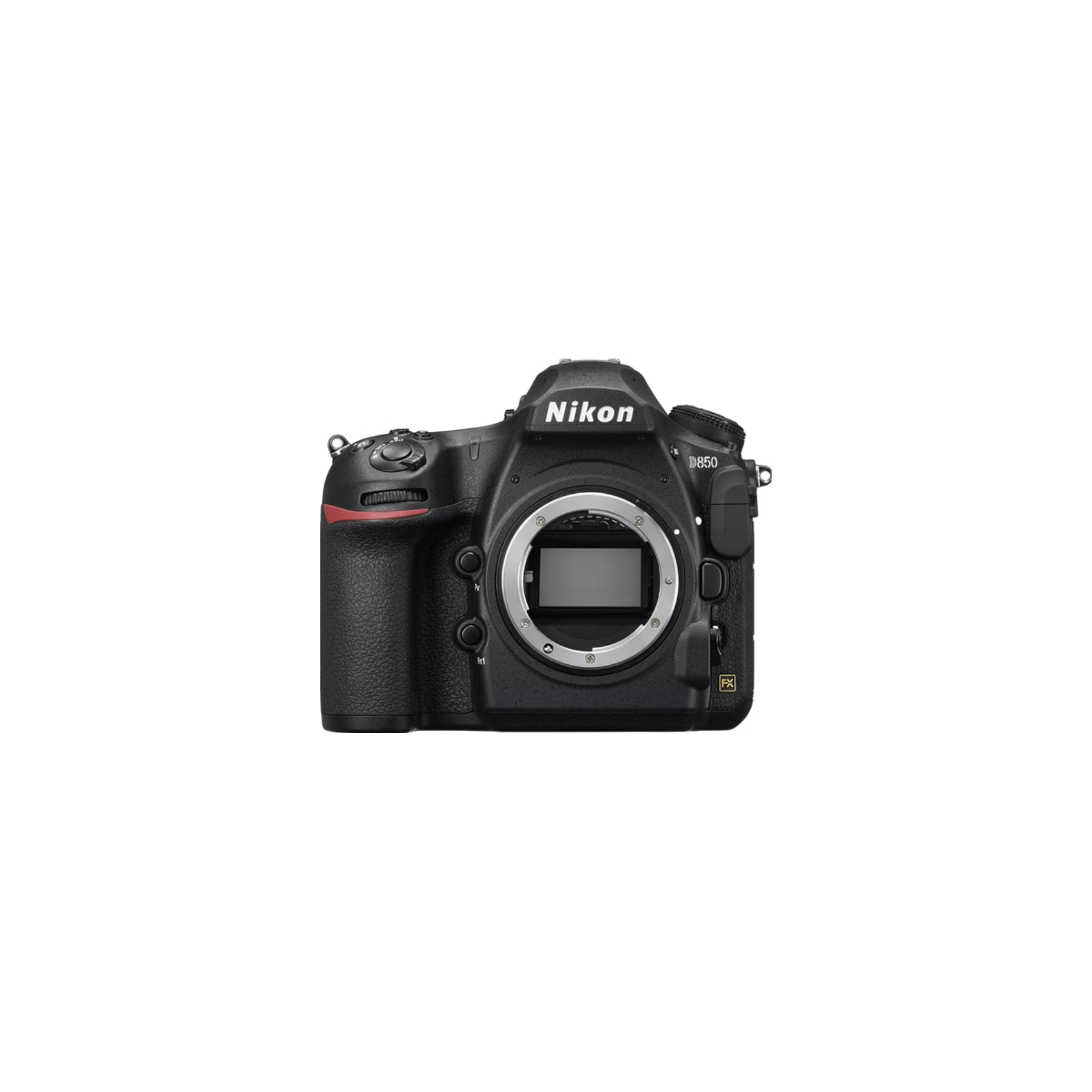 Lens yuvası ve kontrolleri görünen siyah bir Nikon D850 kamera.