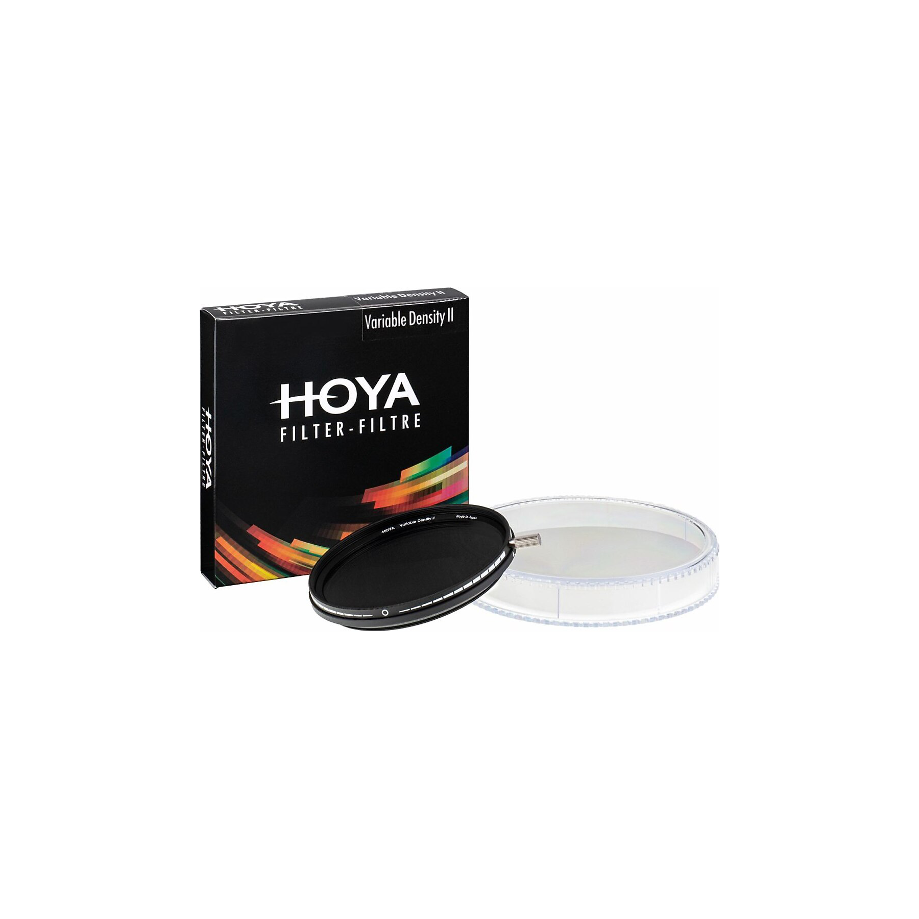 Hoya Variable Density II filtresi, kutusu ve şeffaf plastik kutusu.