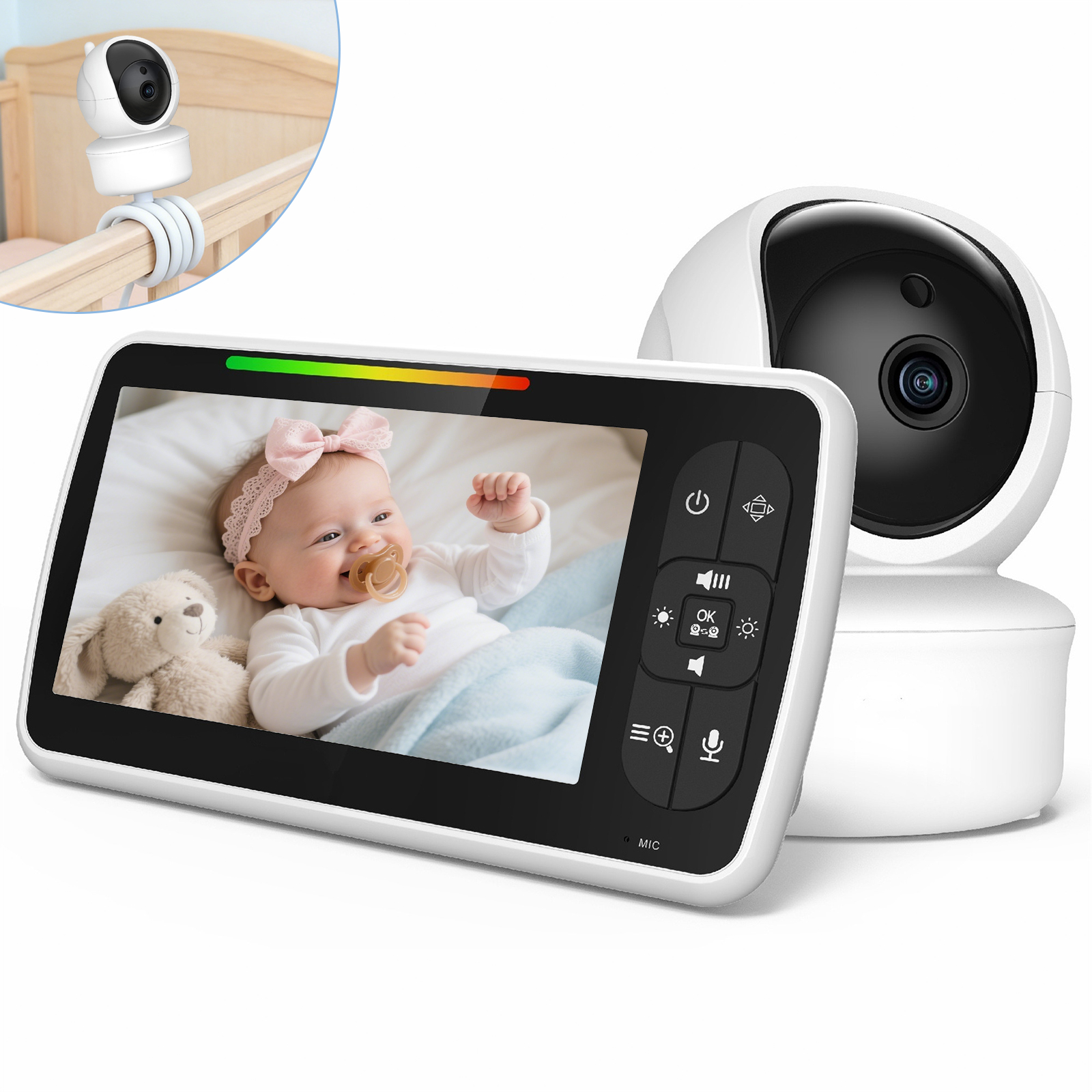 Ein Babyfon mit Kamera und Monitor zeigt ein Baby mit Teddybär. Die Kamera ist am Gitterbett befestigt.