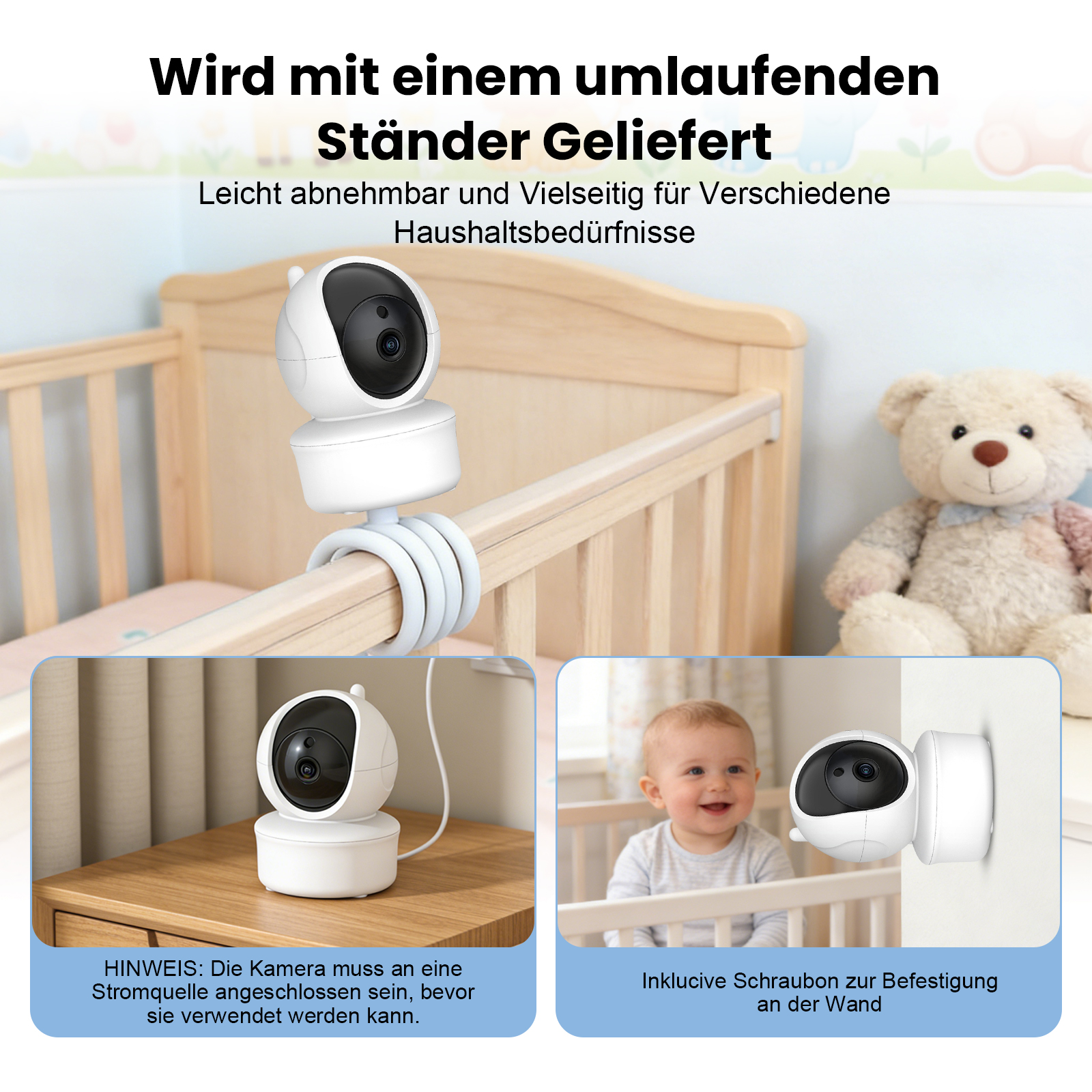 Weiße Babykamera an einem Babybett, mit Zubehör für Wandmontage.