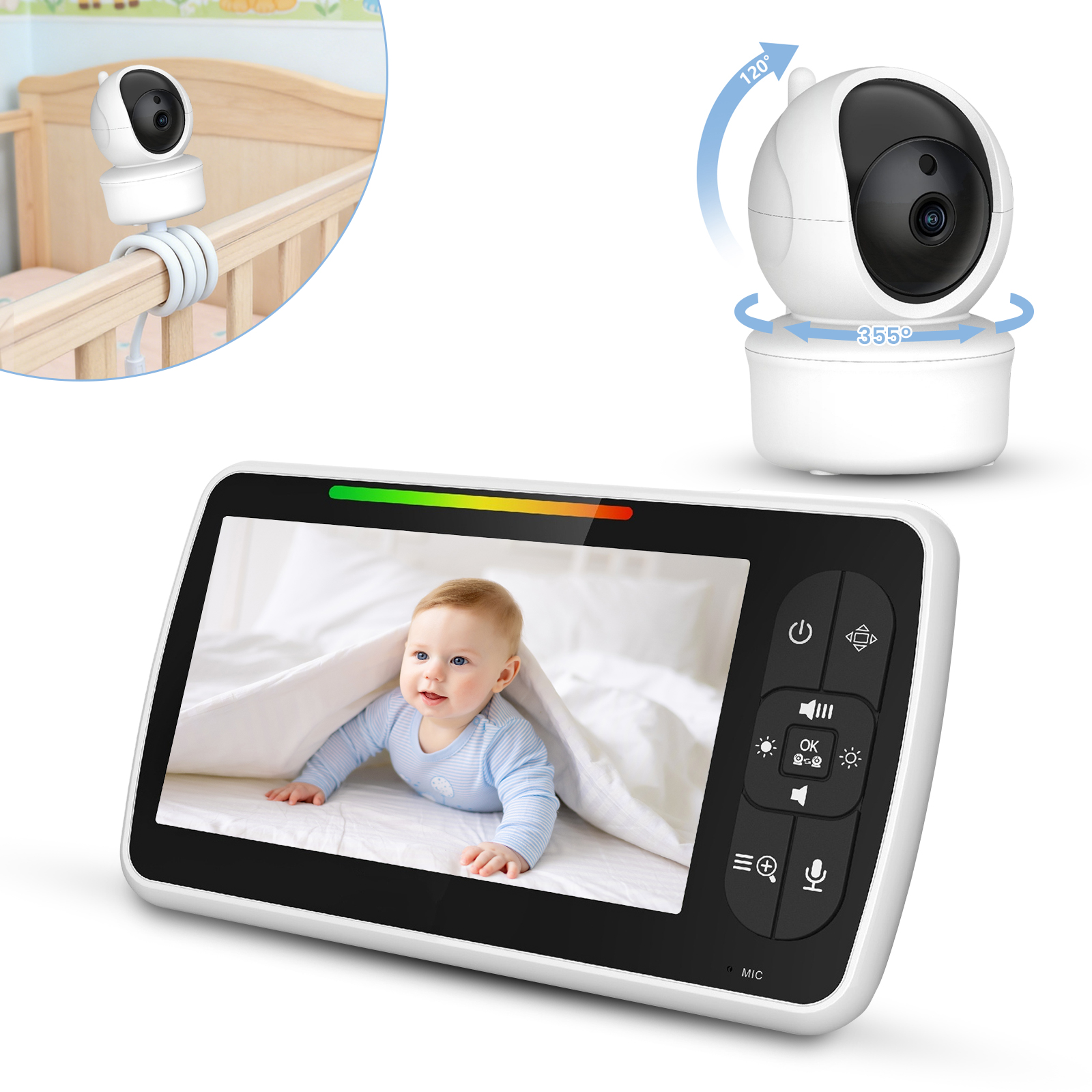 Ein weißer Baby Monitor mit Bildschirm zeigt ein Baby und eine Kamera, die an einem Kinderbett befestigt ist.