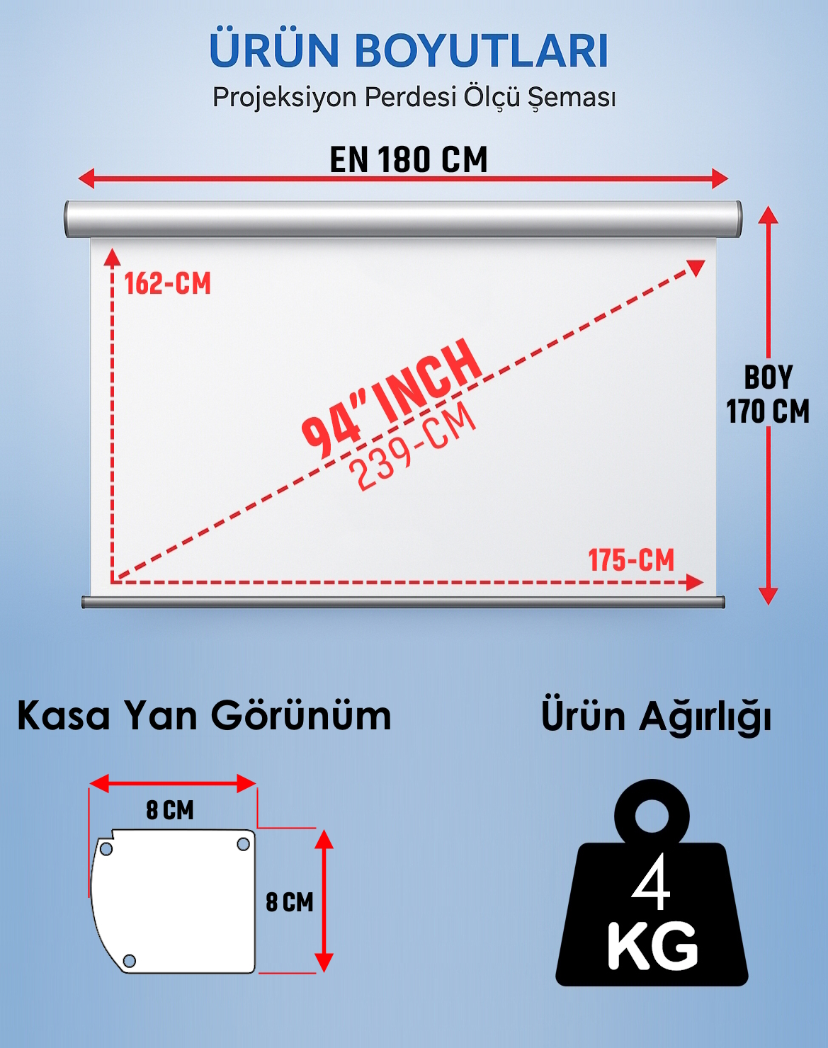 Projeksiyon perdesi boyutları: En 180cm, Boy 170cm. Ağırlık 4kg.