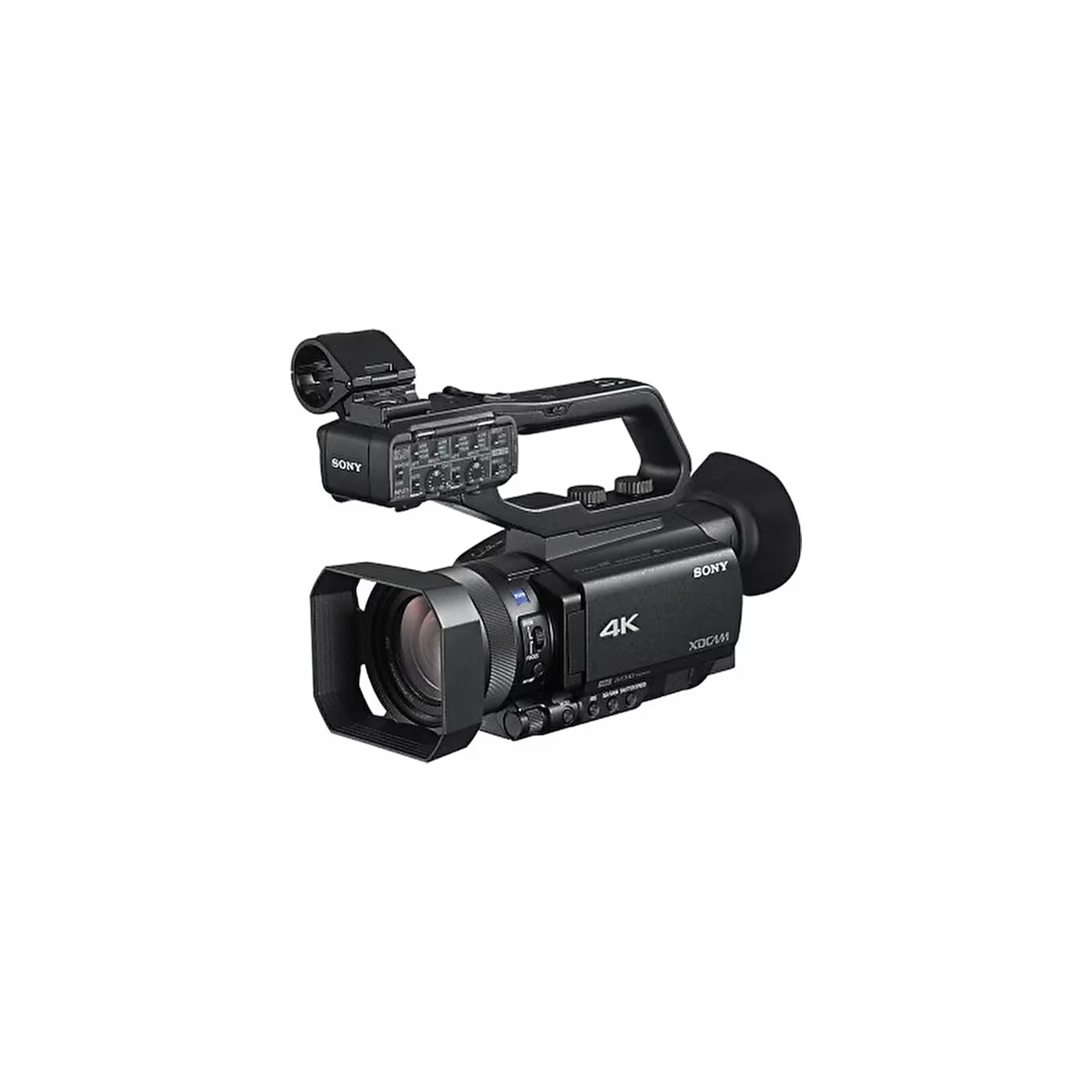 Siyah Sony 4K XDCAM video kamera, saplı, mikrofonlu ve lensli.
