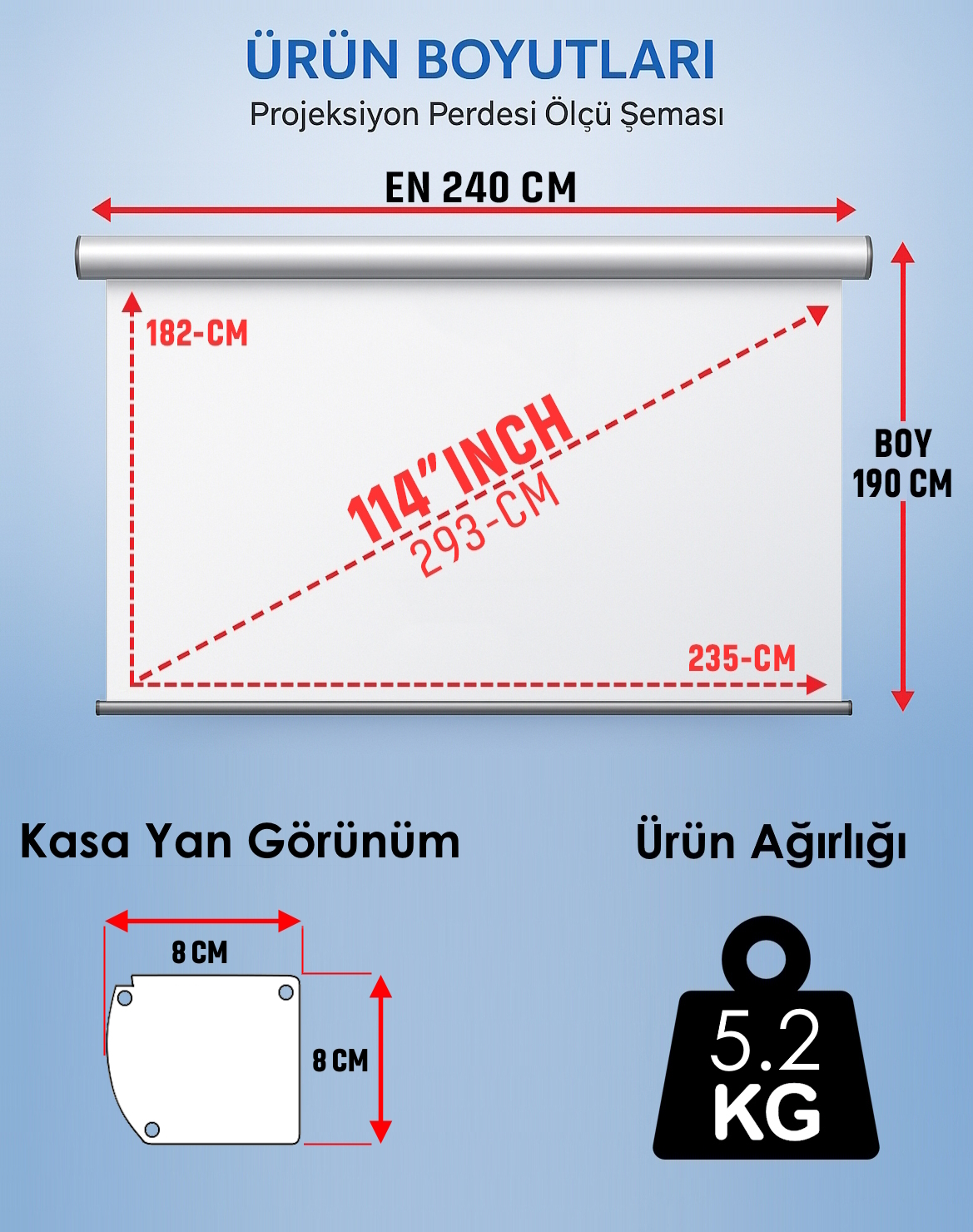 Projeksiyon perdesi ölçüleri: En 240 cm, Boy 190 cm. Kasa yan görünüm 8x8 cm.