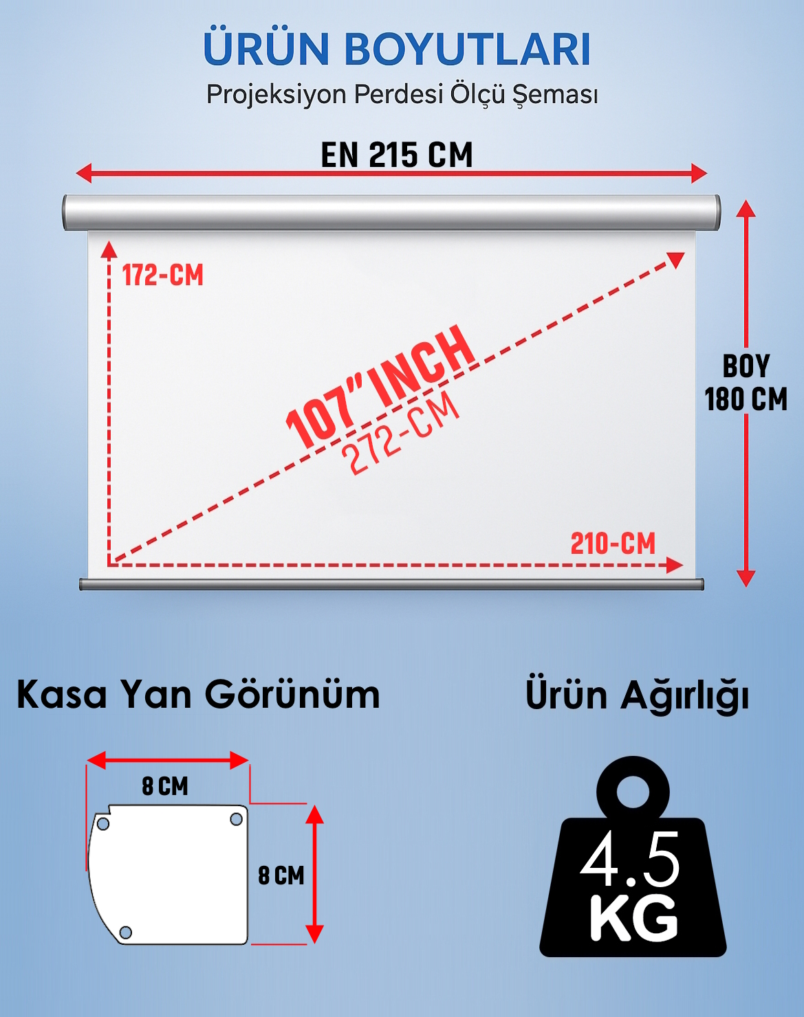 Projeksiyon perdesi boyutları: en 215 cm, boy 180 cm. Ağırlık 4,5 kg.