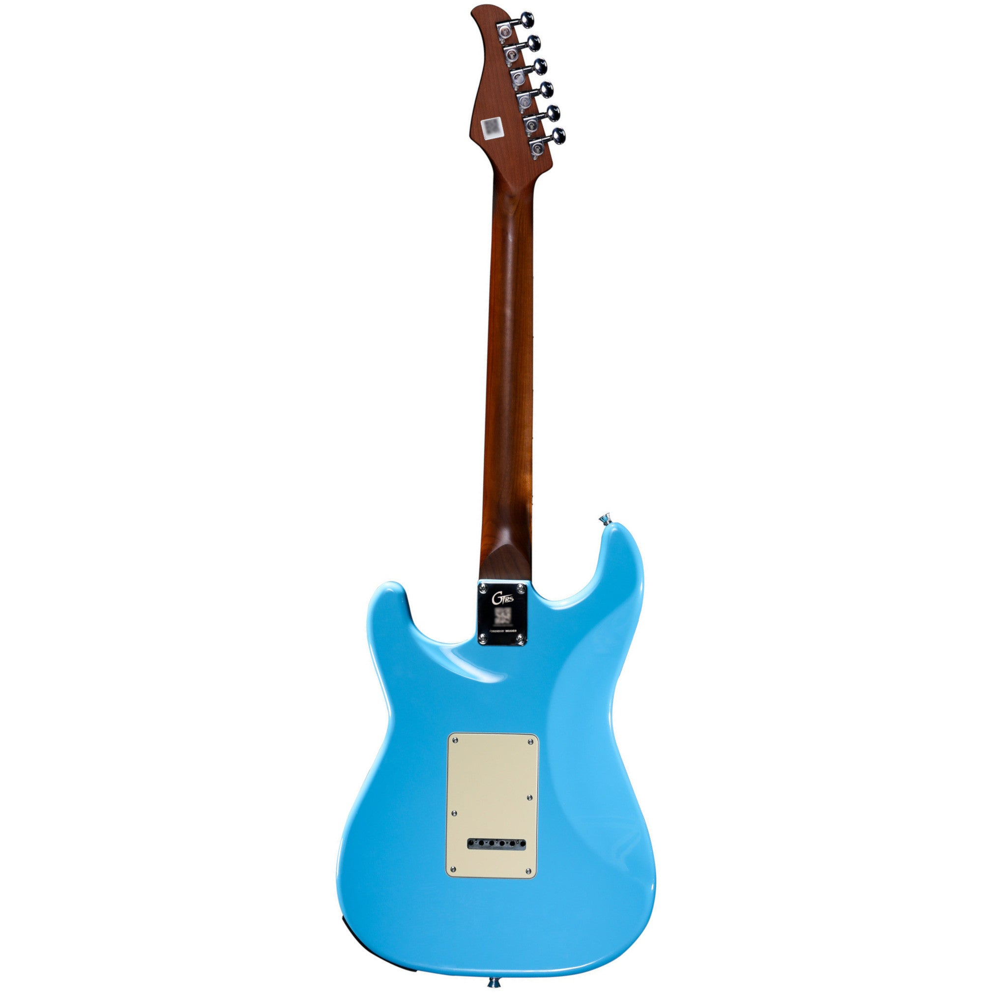 Arkadan gorunen acik mavi elektrik gitar, ahsap sapli ve gumus burgulu.